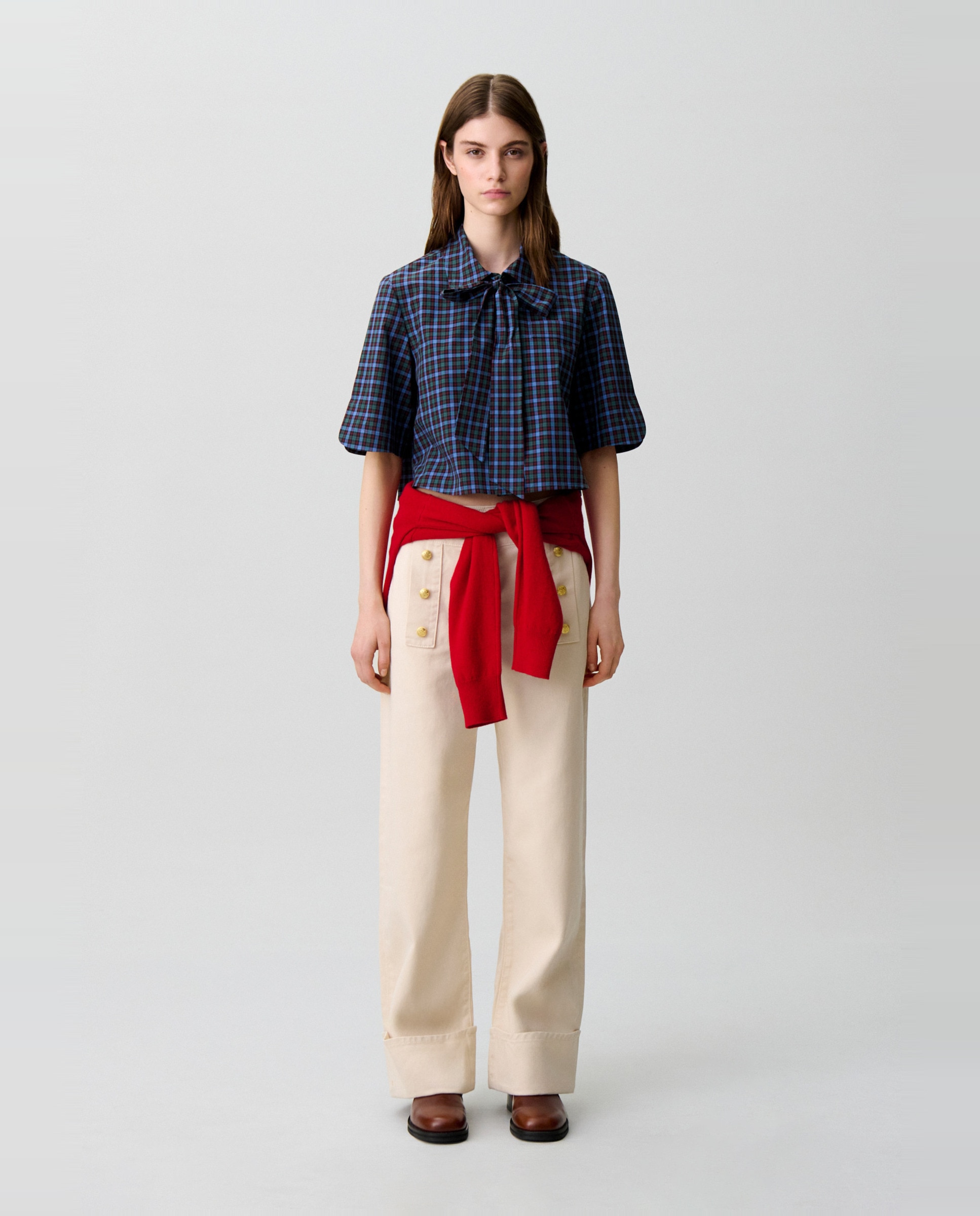 Camisa de mujer cropped de cuadros con cuello lavallière - Claudie Pierlot - Multicolor Multicolor-4