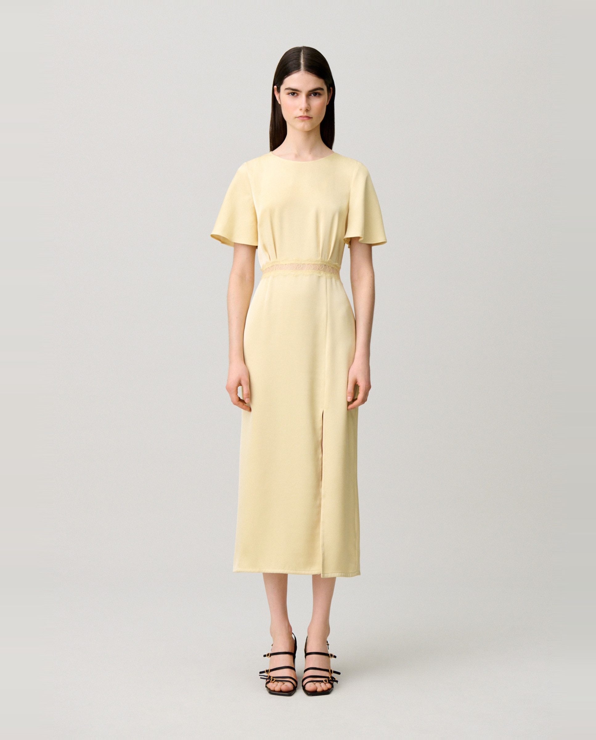 Vestido midi satinado con encaje y espalda descubierta - Claudie Pierlot - Amarillo Amarillo-1