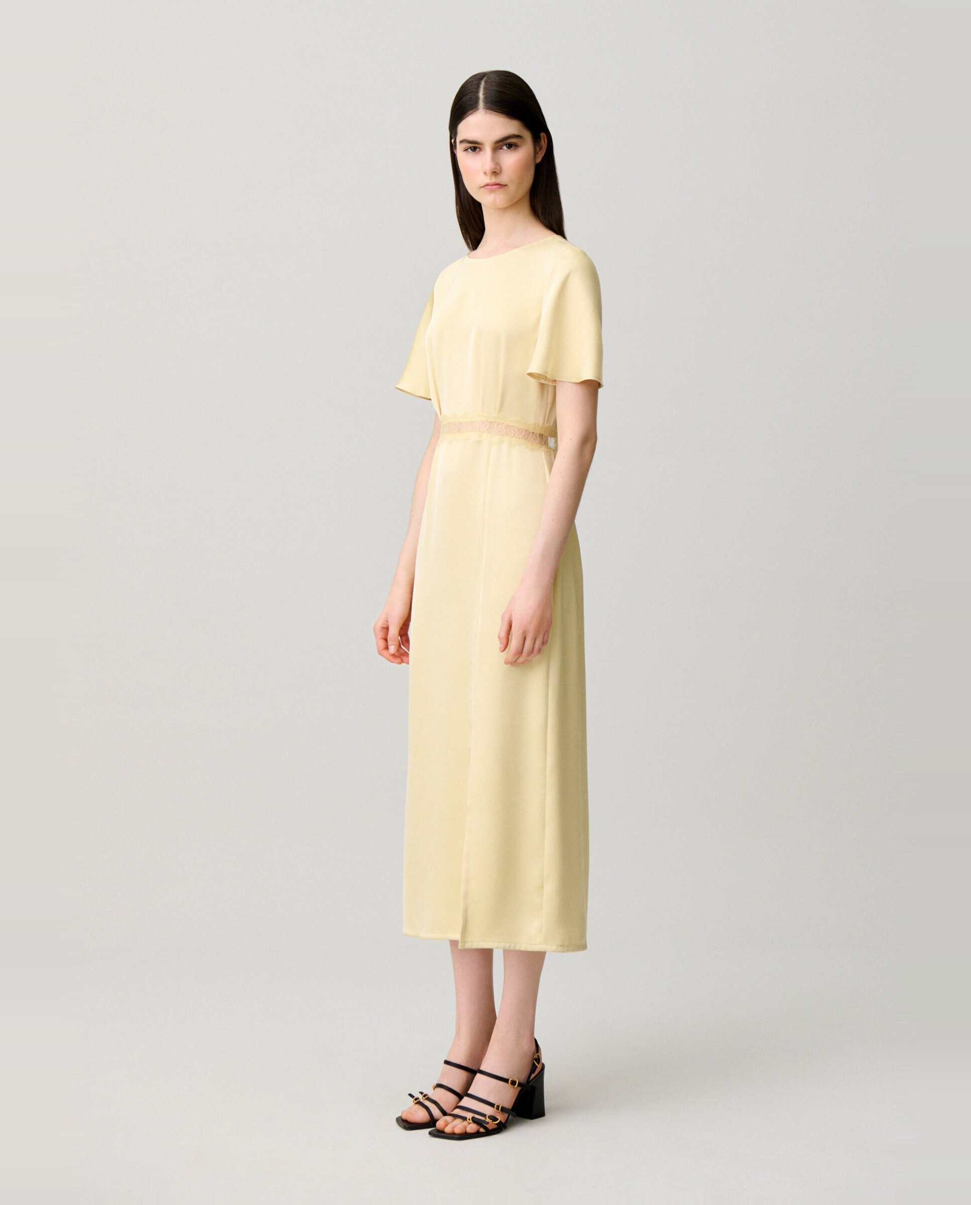Vestido midi satinado con encaje y espalda descubierta - Claudie Pierlot - Amarillo Amarillo-2