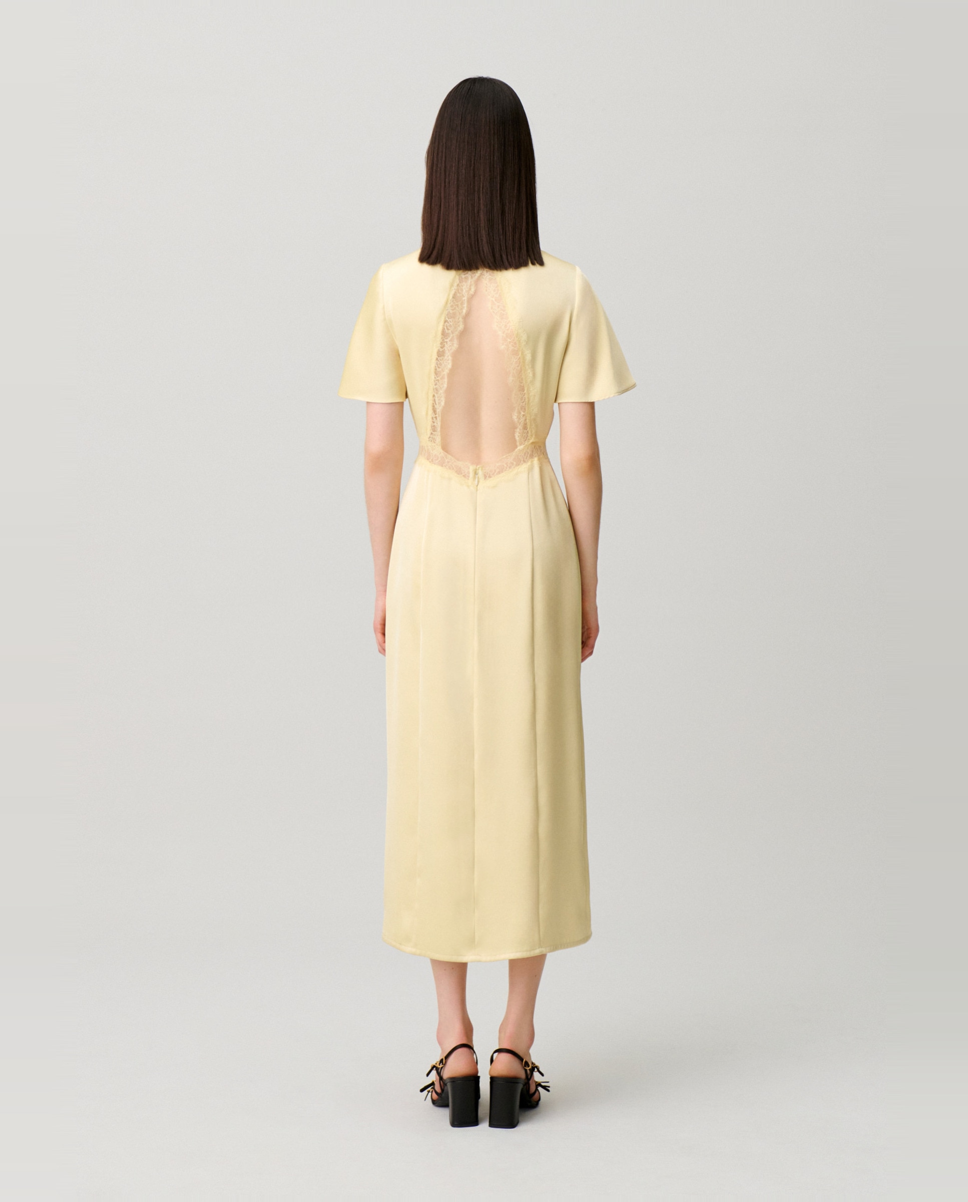 Vestido midi satinado con encaje y espalda descubierta - Claudie Pierlot - Amarillo Amarillo-3