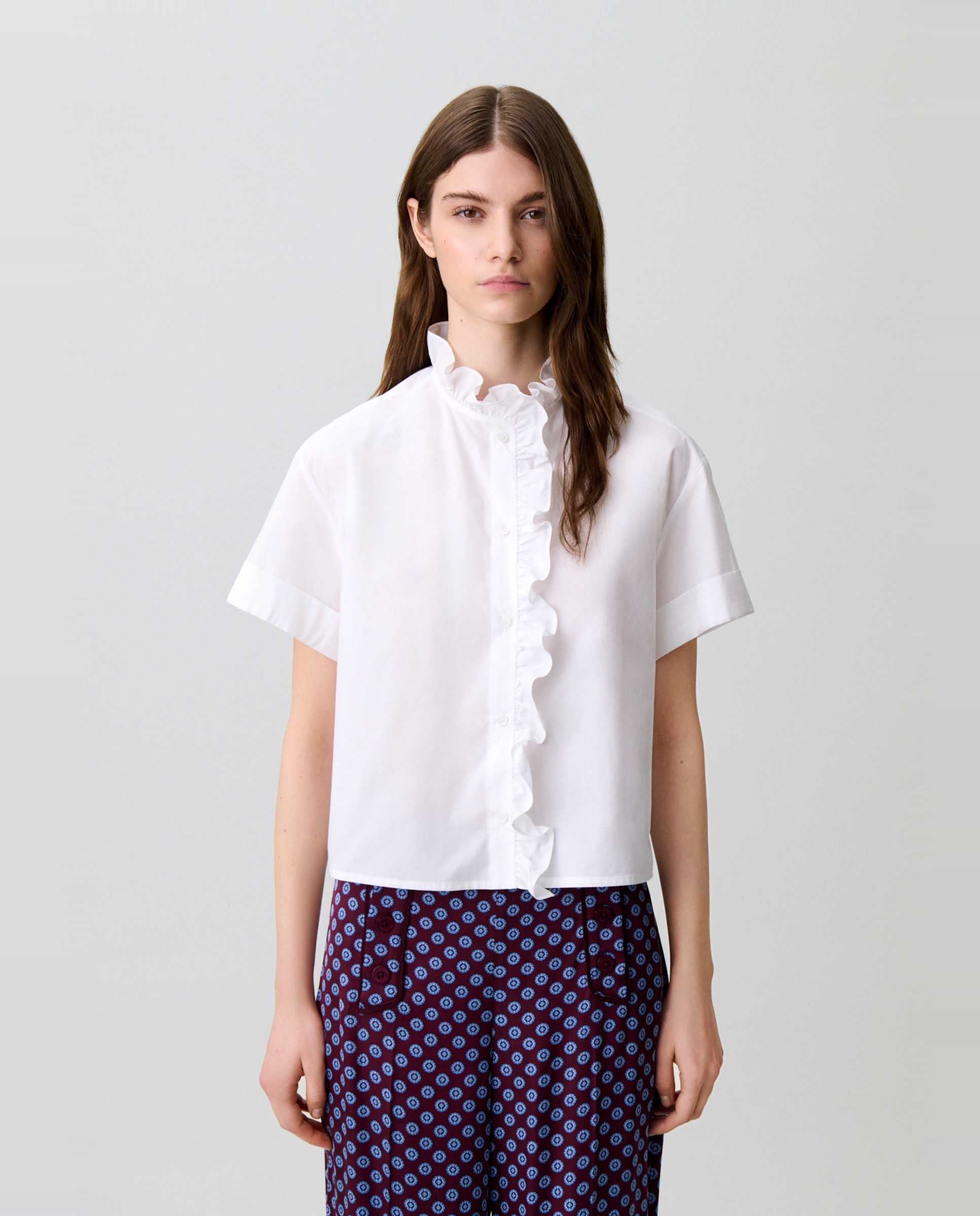 Camisa de mujer popelín cuello victoriano con volantes manga corta - Claudie Pierlot - Blanco Blanco-1