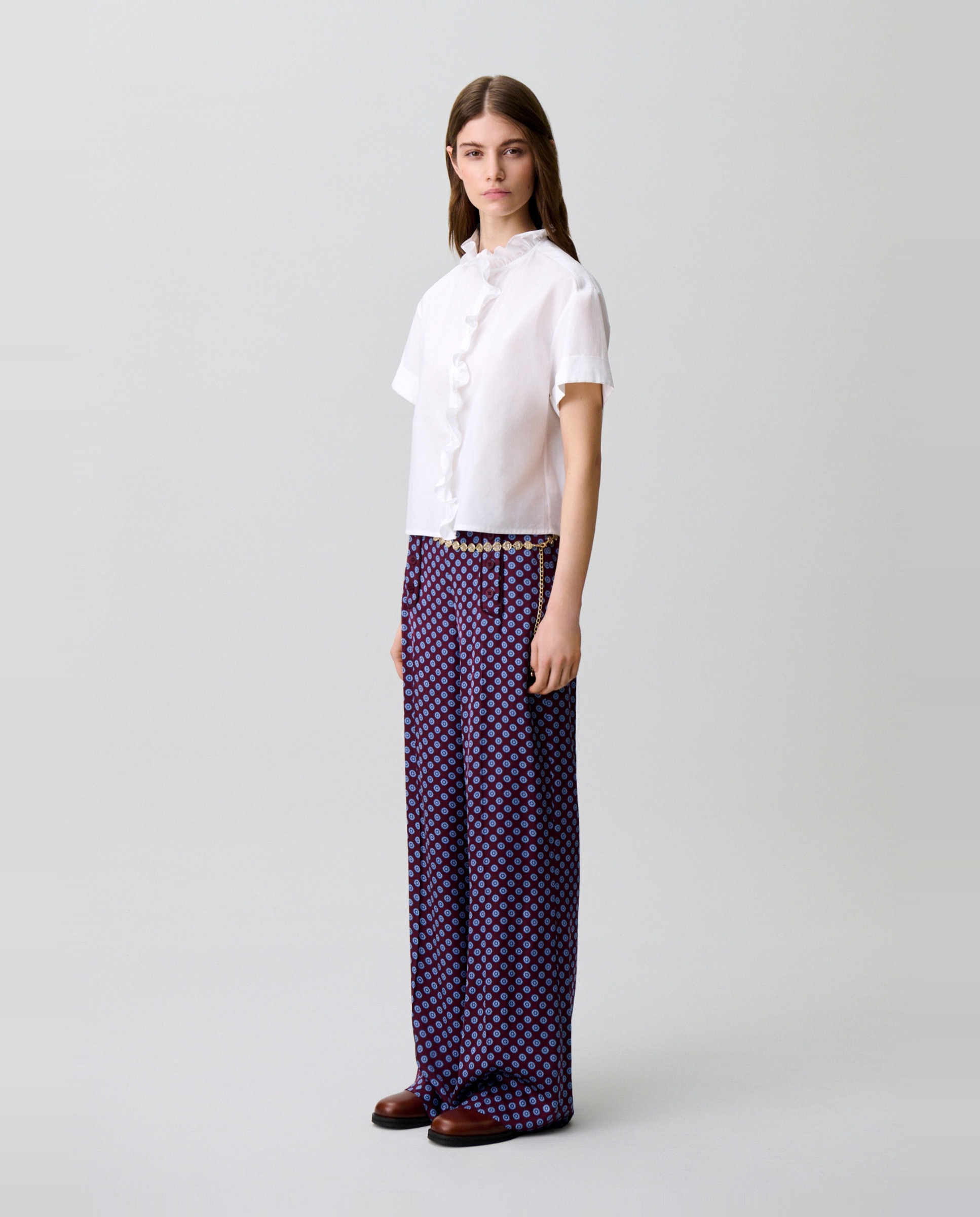 Camisa de mujer popelín cuello victoriano con volantes manga corta - Claudie Pierlot - Blanco Blanco-3