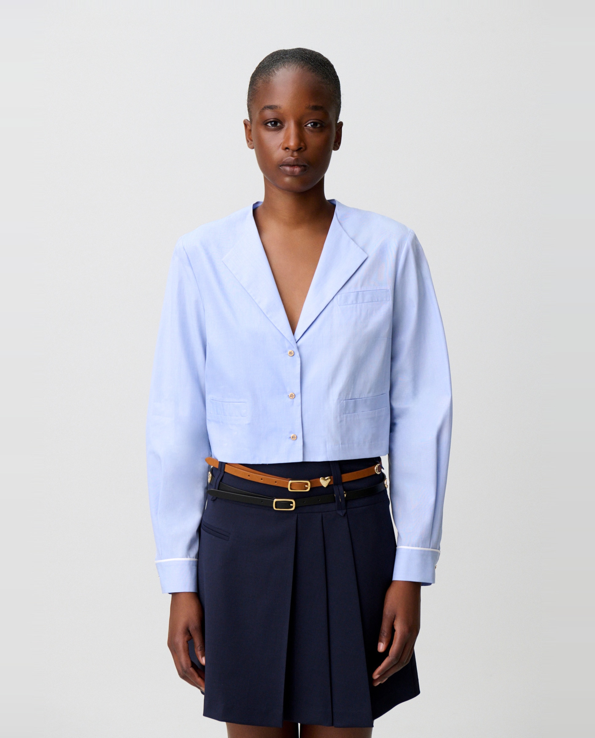 Camisa de mujer de popelín con manga larga y cuello sastre - Claudie Pierlot - Azul claro Azul claro-1