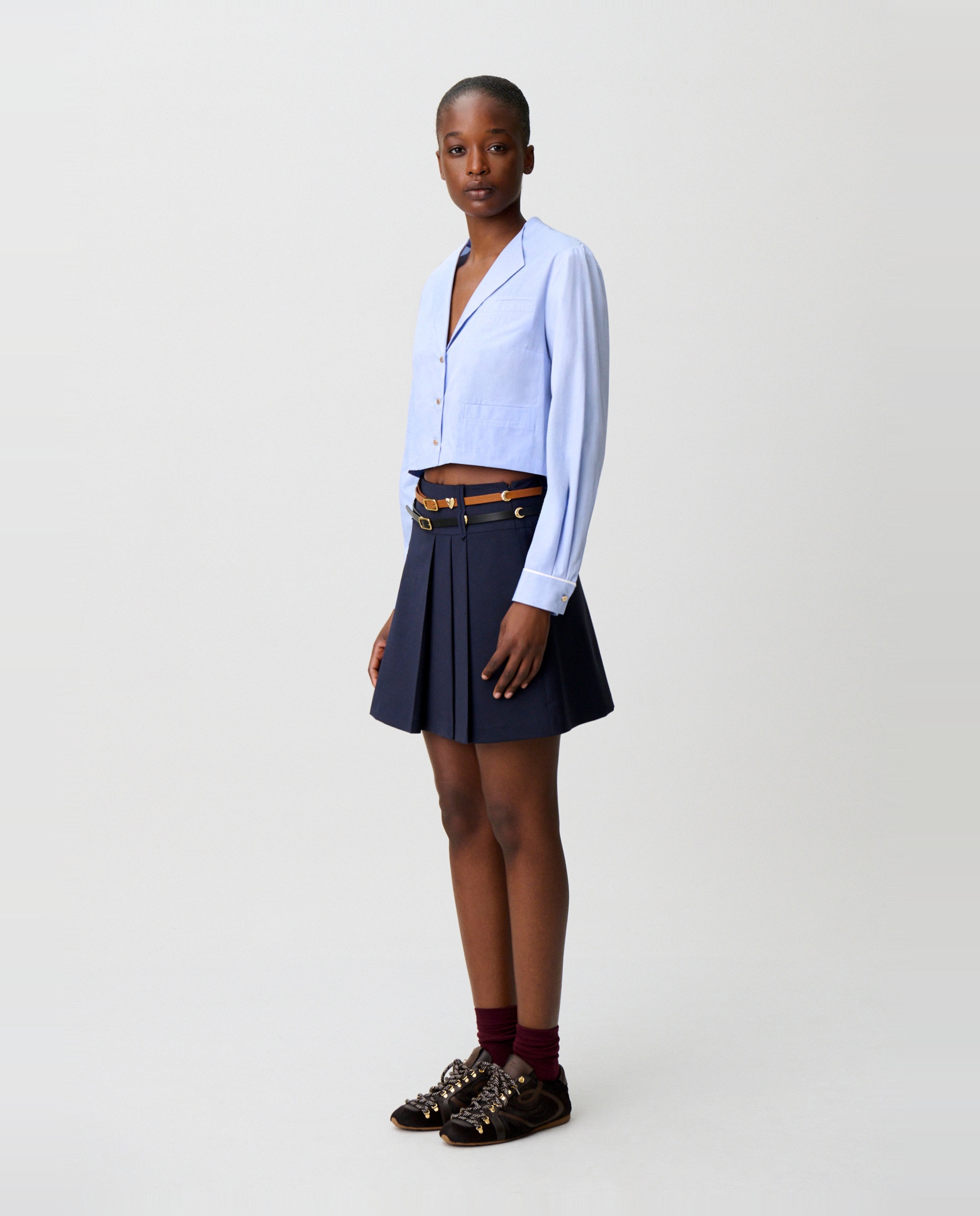 Camisa de mujer de popelín con manga larga y cuello sastre - Claudie Pierlot - Azul claro Azul claro-3
