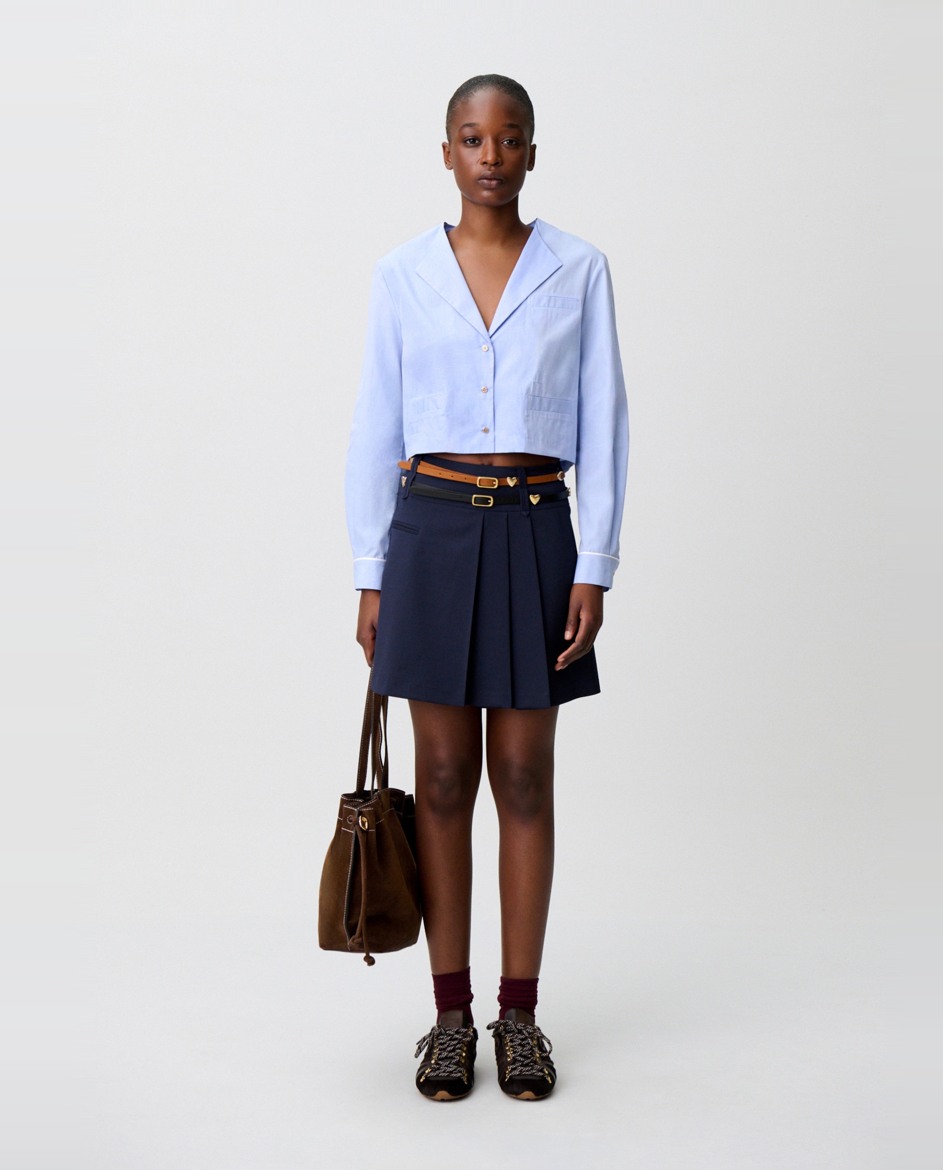 Camisa de mujer de popelín con manga larga y cuello sastre - Claudie Pierlot - Azul claro Azul claro-4