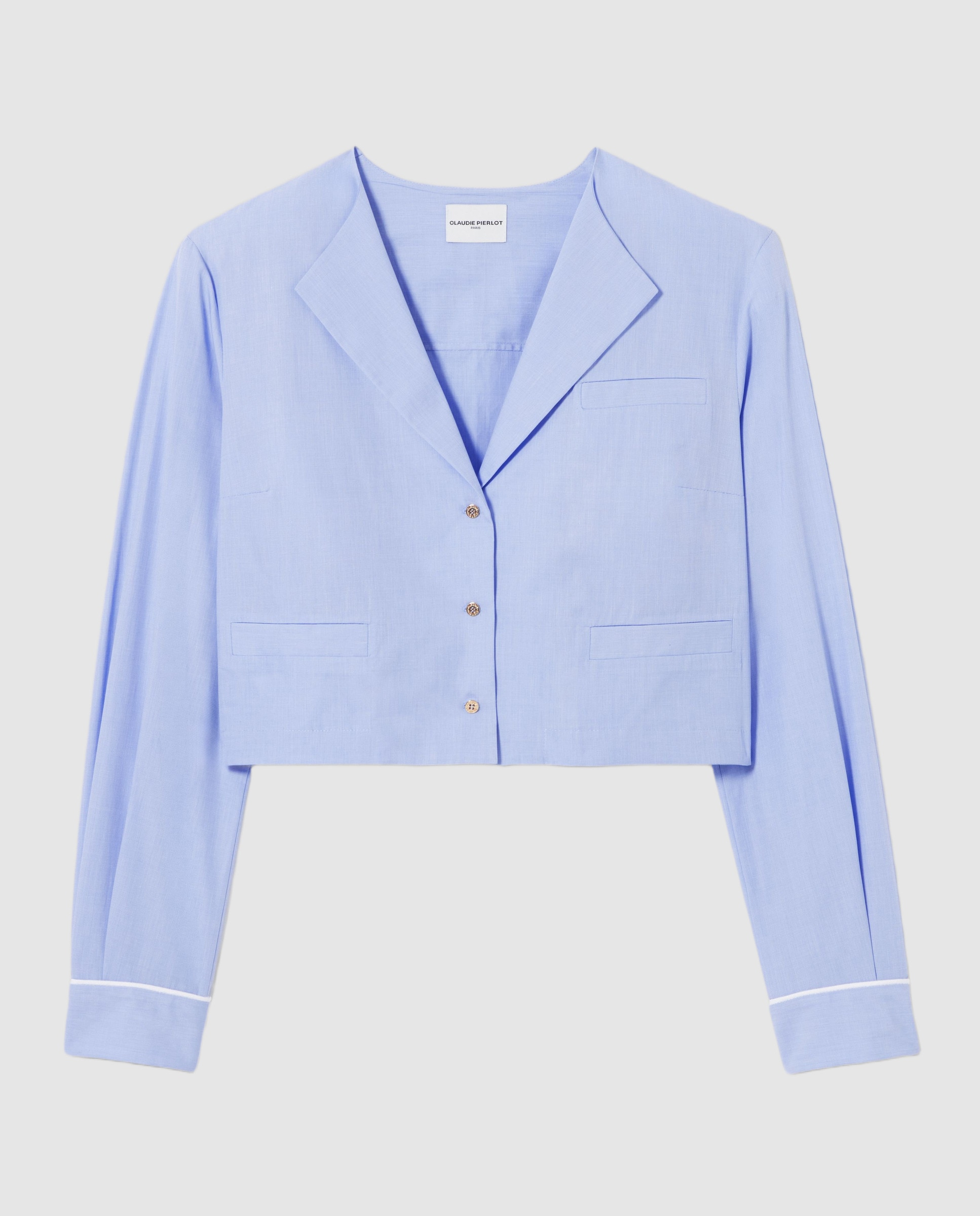 Camisa de mujer de popelín con manga larga y cuello sastre - Claudie Pierlot - Azul claro Azul claro-6