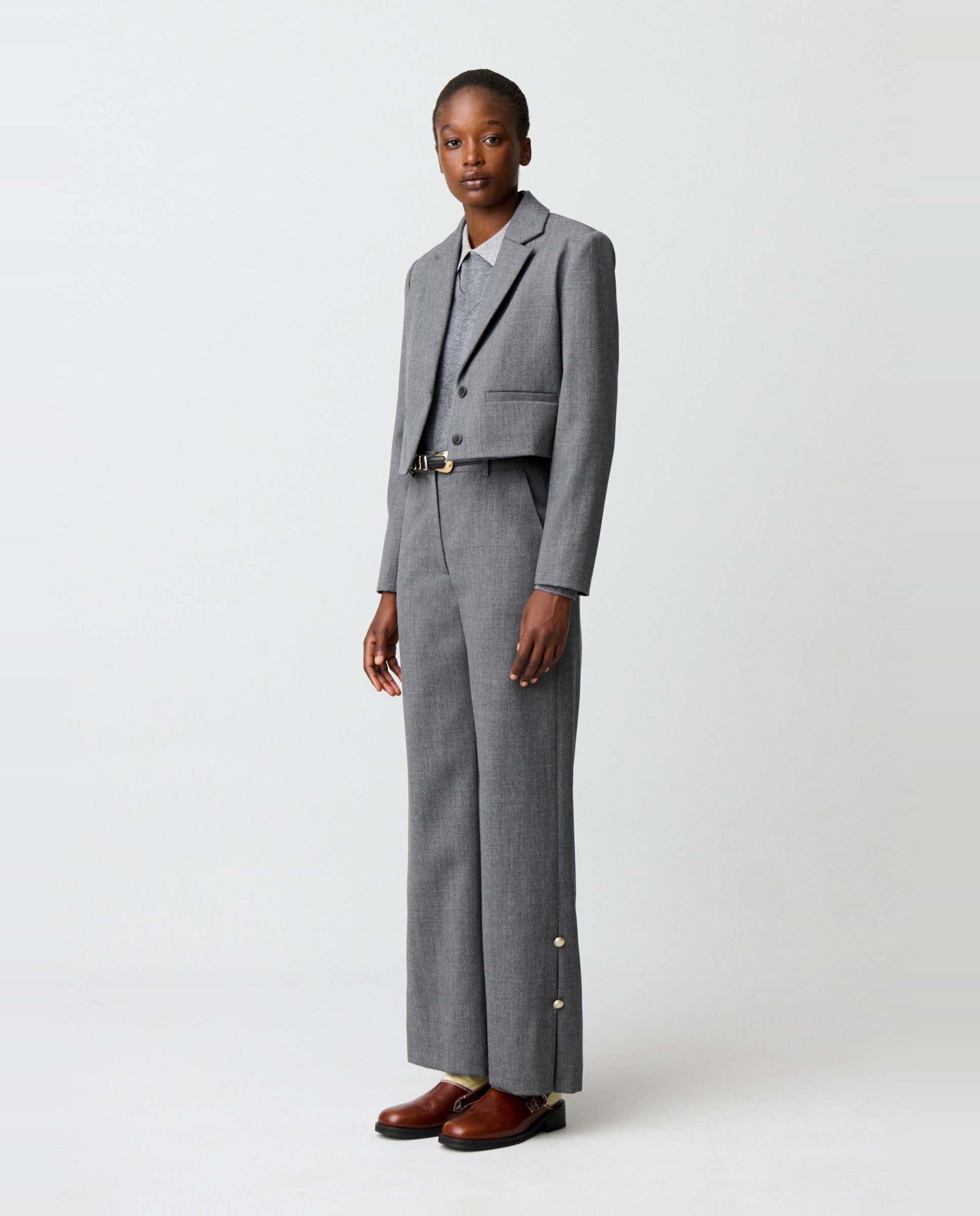Pantalones anchos de campana de mujer 100% lana virgen - Claudie Pierlot - Gris Gris-4