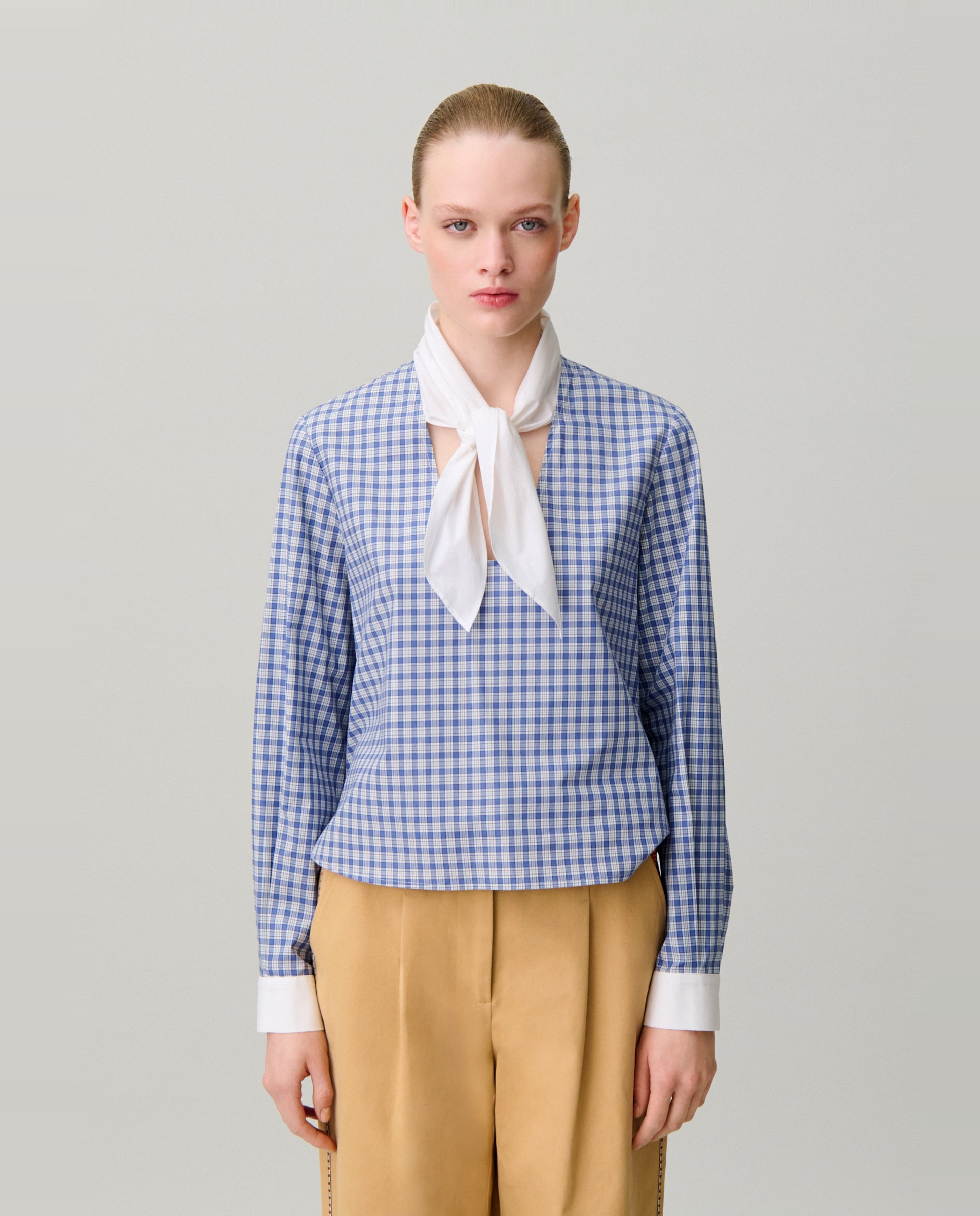 Blusa de mujer de popelín de algodón con cuadros y cuello lavallière - Claudie Pierlot - Multicolor Multicolor-1