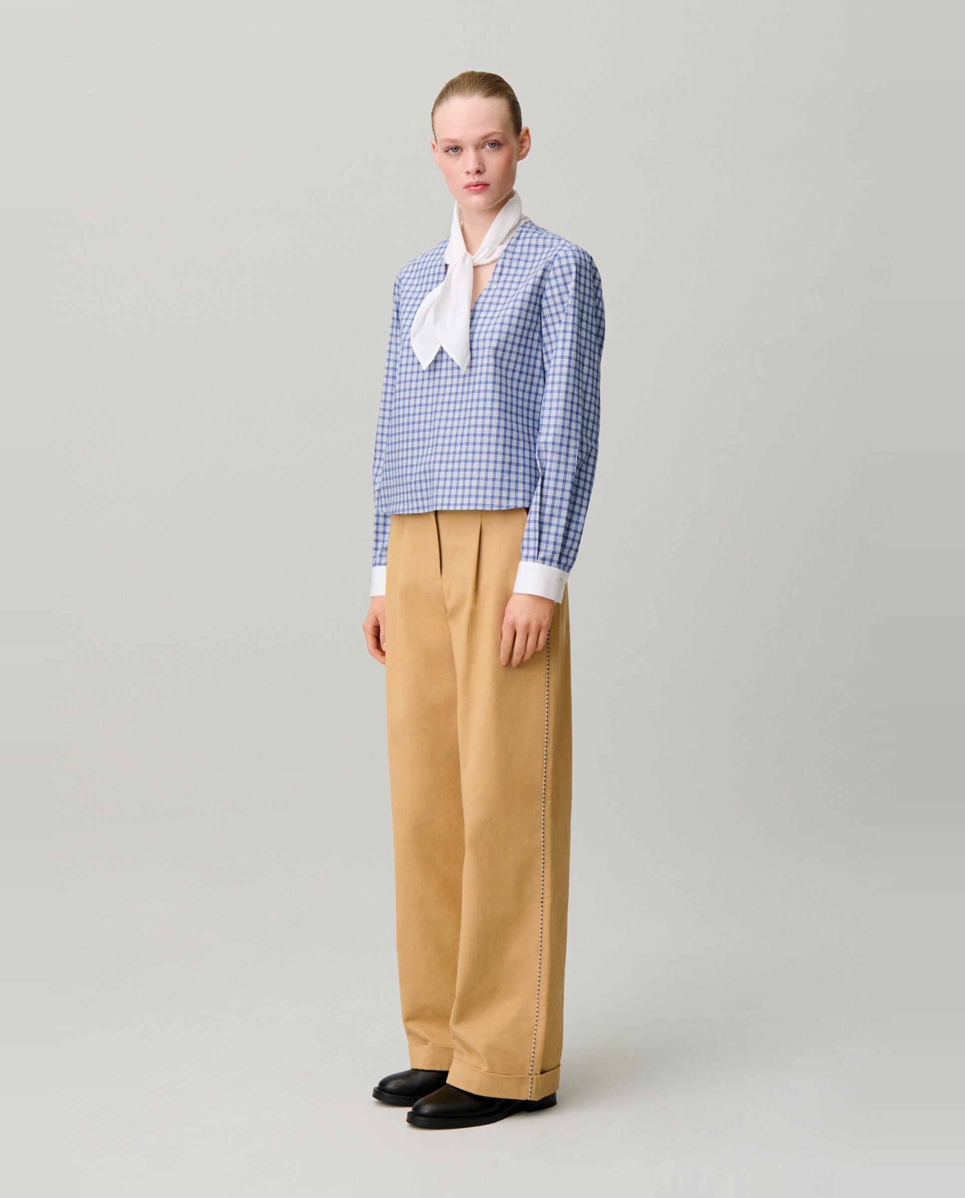 Blusa de mujer de popelín de algodón con cuadros y cuello lavallière - Claudie Pierlot - Multicolor Multicolor-3