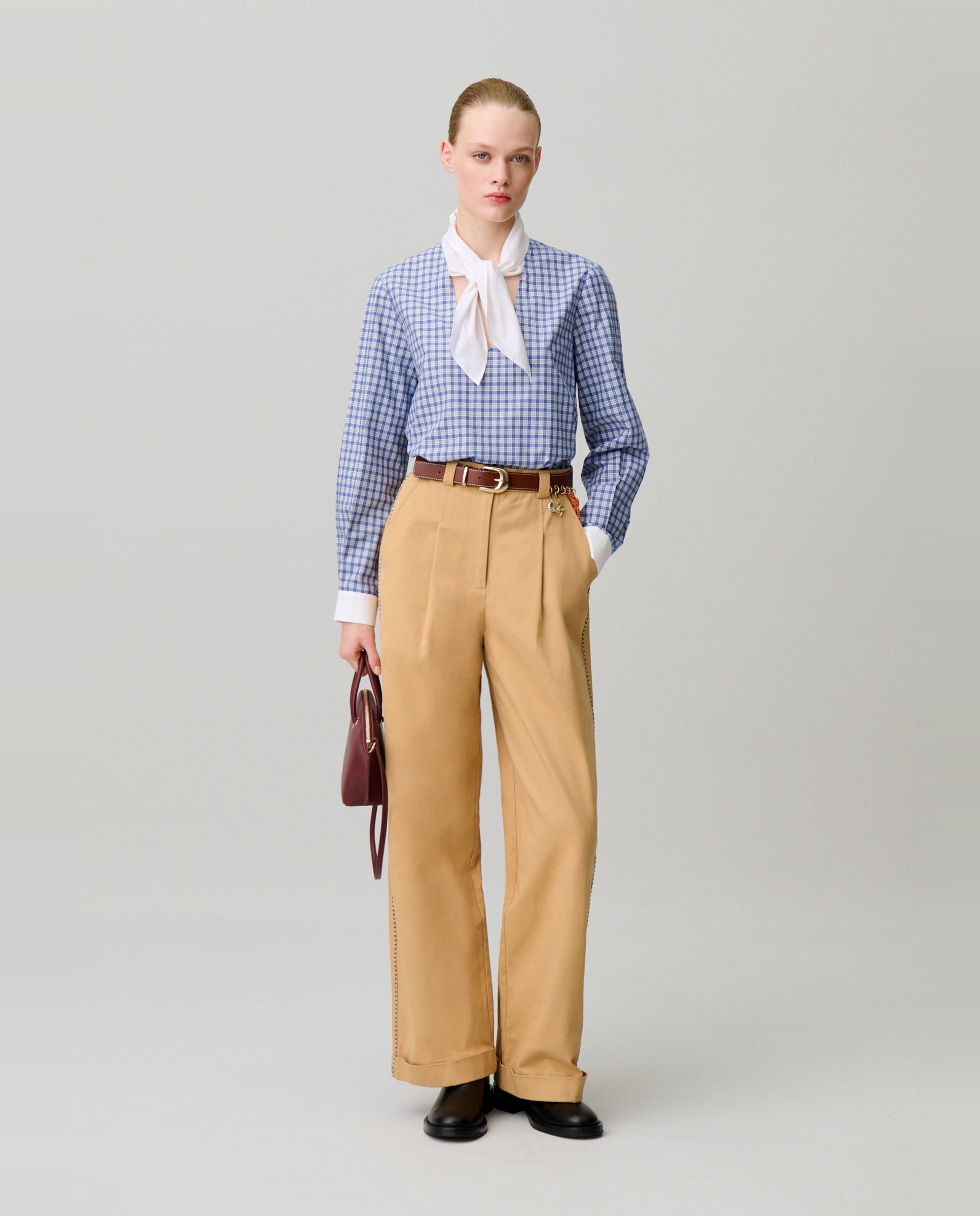 Blusa de mujer de popelín de algodón con cuadros y cuello lavallière - Claudie Pierlot - Multicolor Multicolor-4