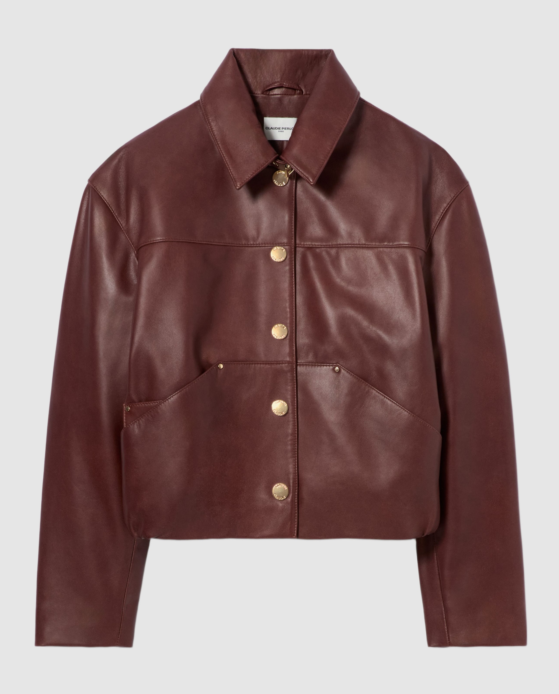 Cazadora de mujer corta de piel con cuello camisero - Claudie Pierlot - Marrón oscuro Marrón oscuro-6