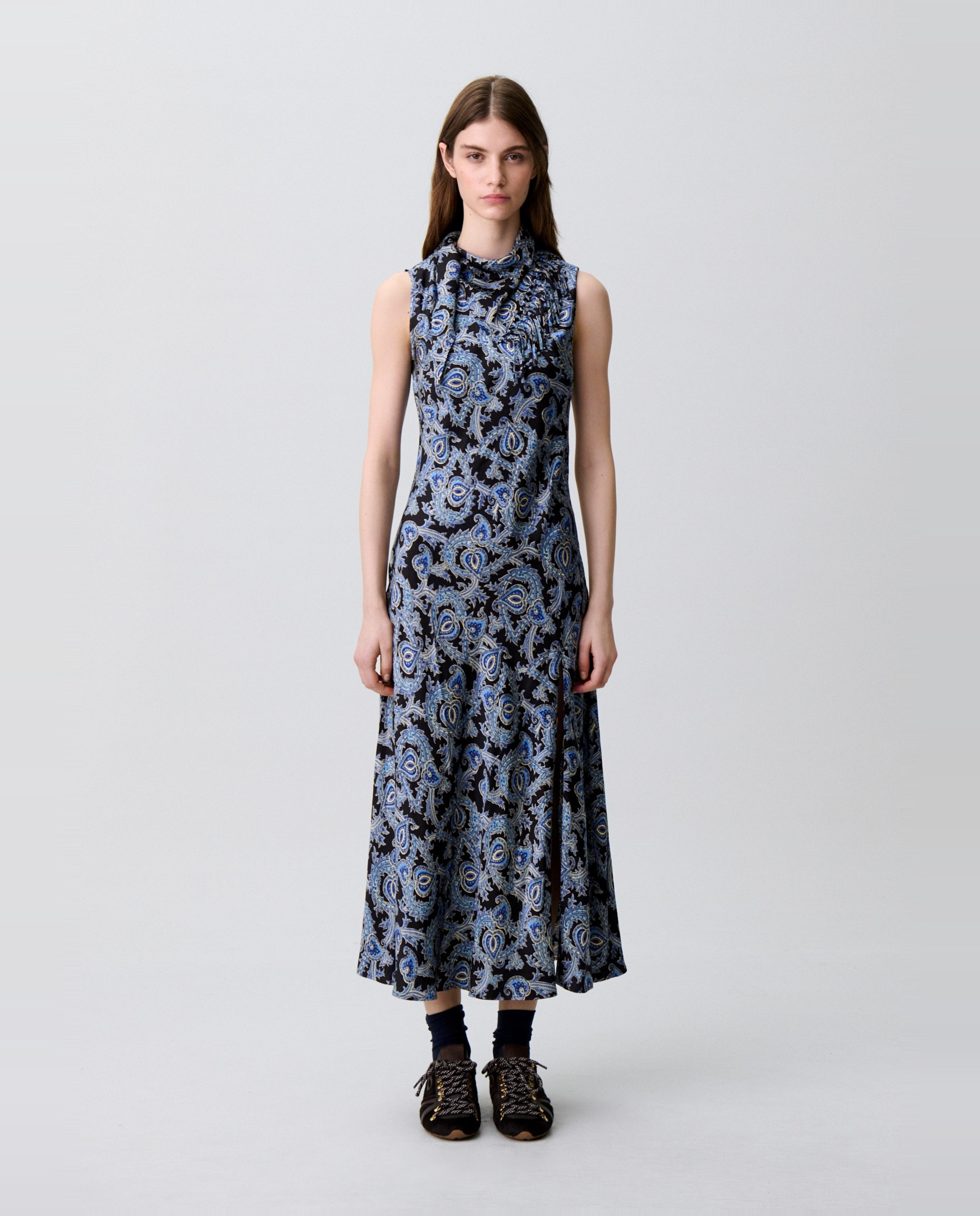 Vestido midi satinado con cuello fular - Claudie Pierlot - Azul marino Azul marino-1