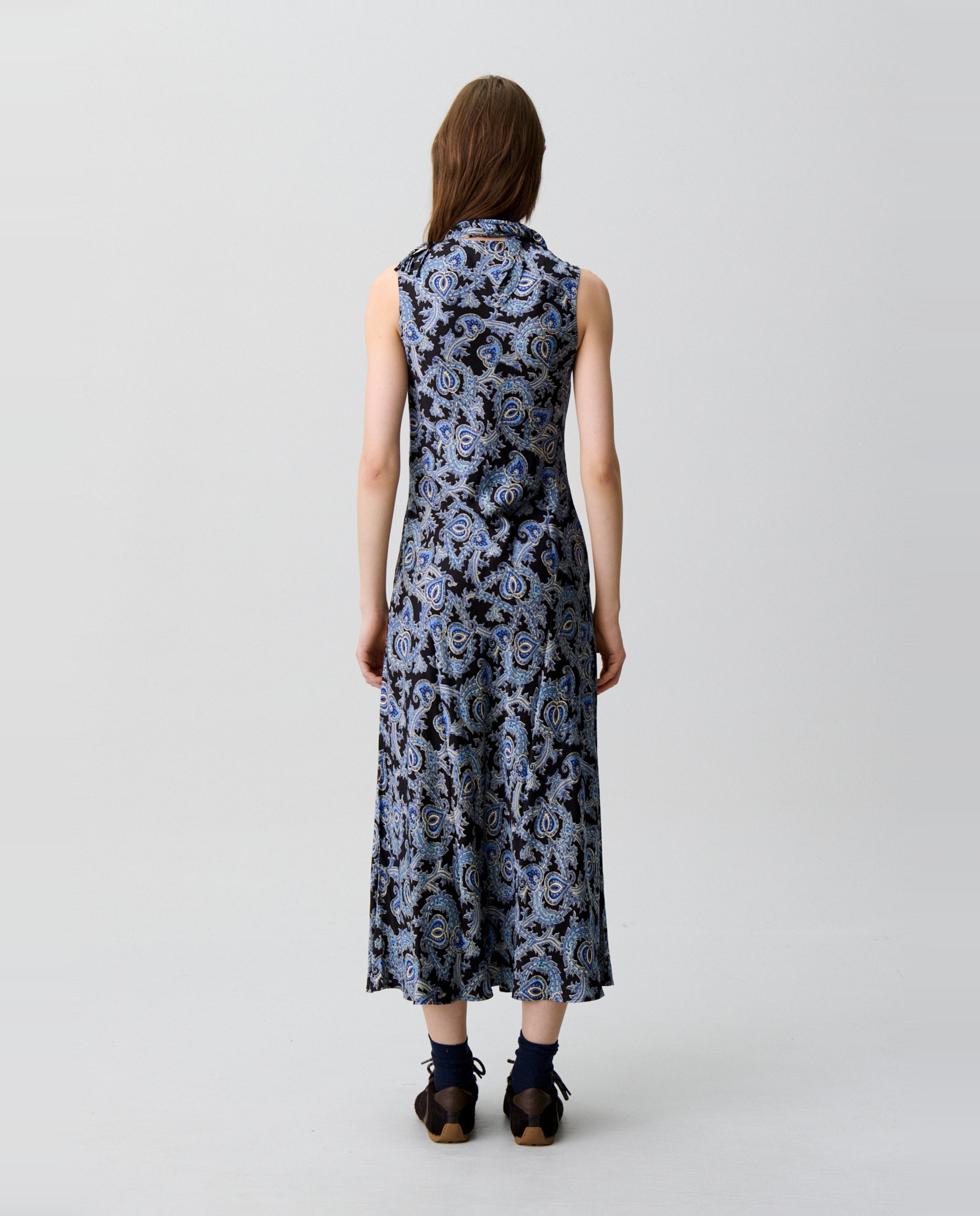 Vestido midi satinado con cuello fular - Claudie Pierlot - Azul marino Azul marino-2
