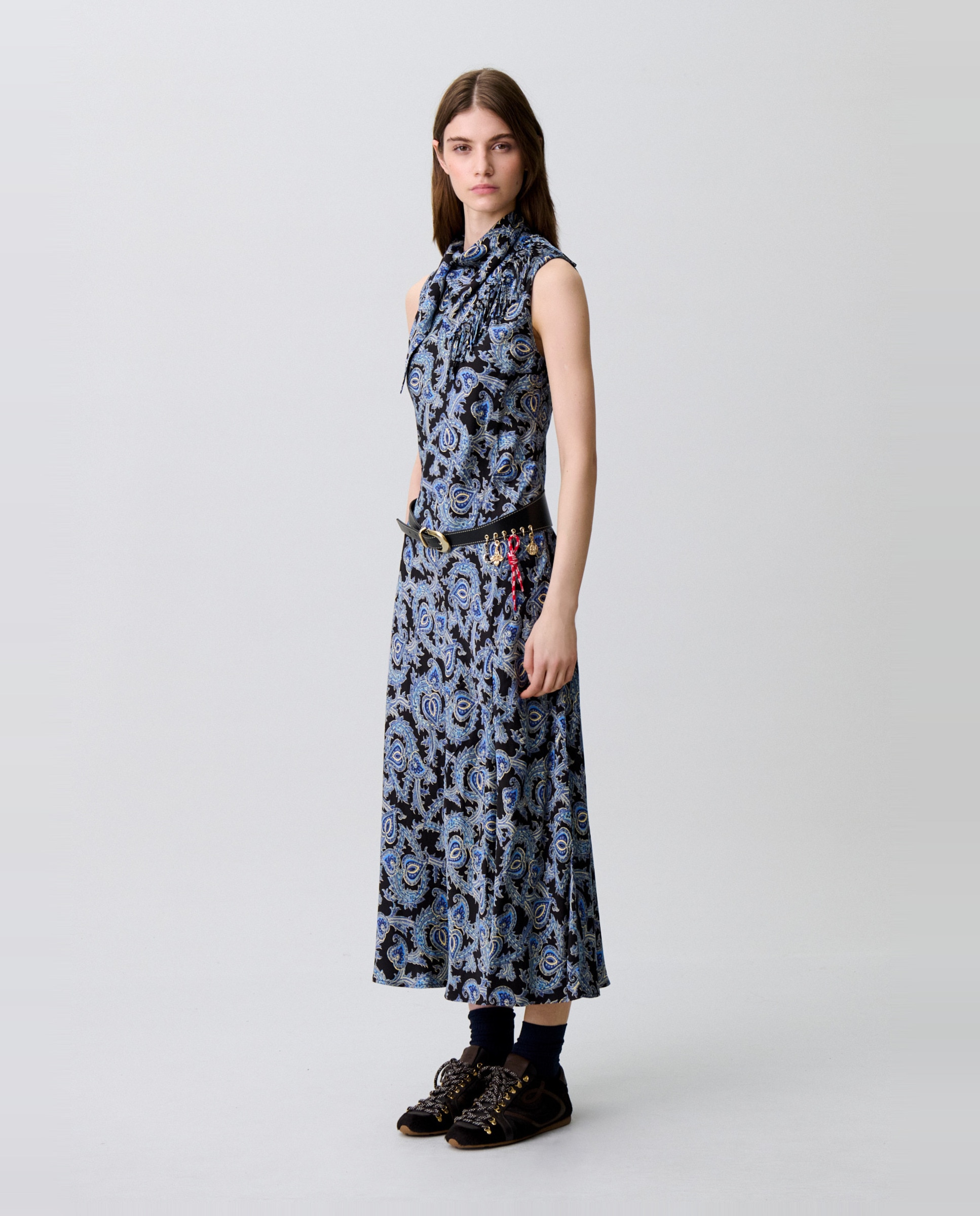 Vestido midi satinado con cuello fular - Claudie Pierlot - Azul marino Azul marino-3