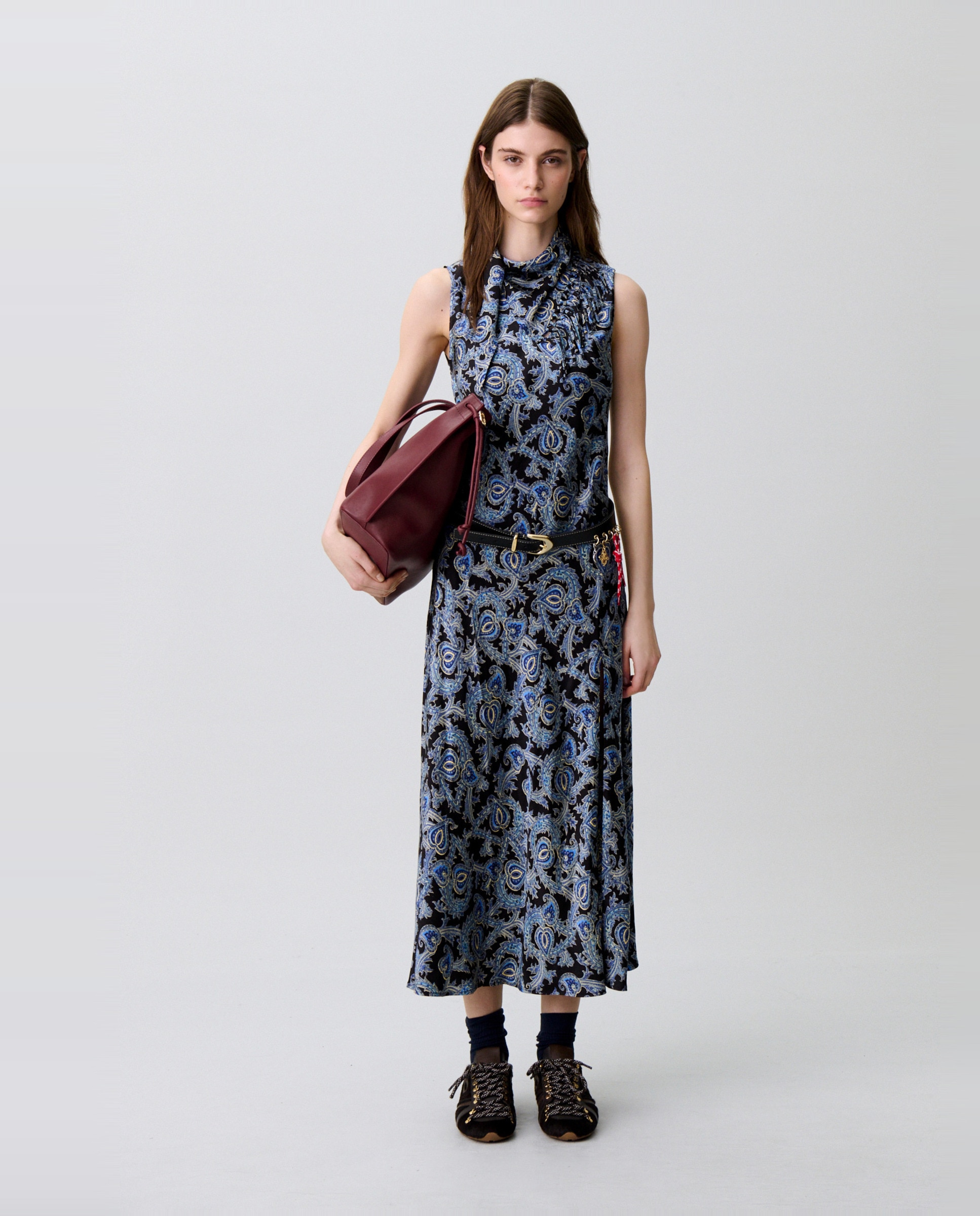 Vestido midi satinado con cuello fular - Claudie Pierlot - Azul marino Azul marino-4