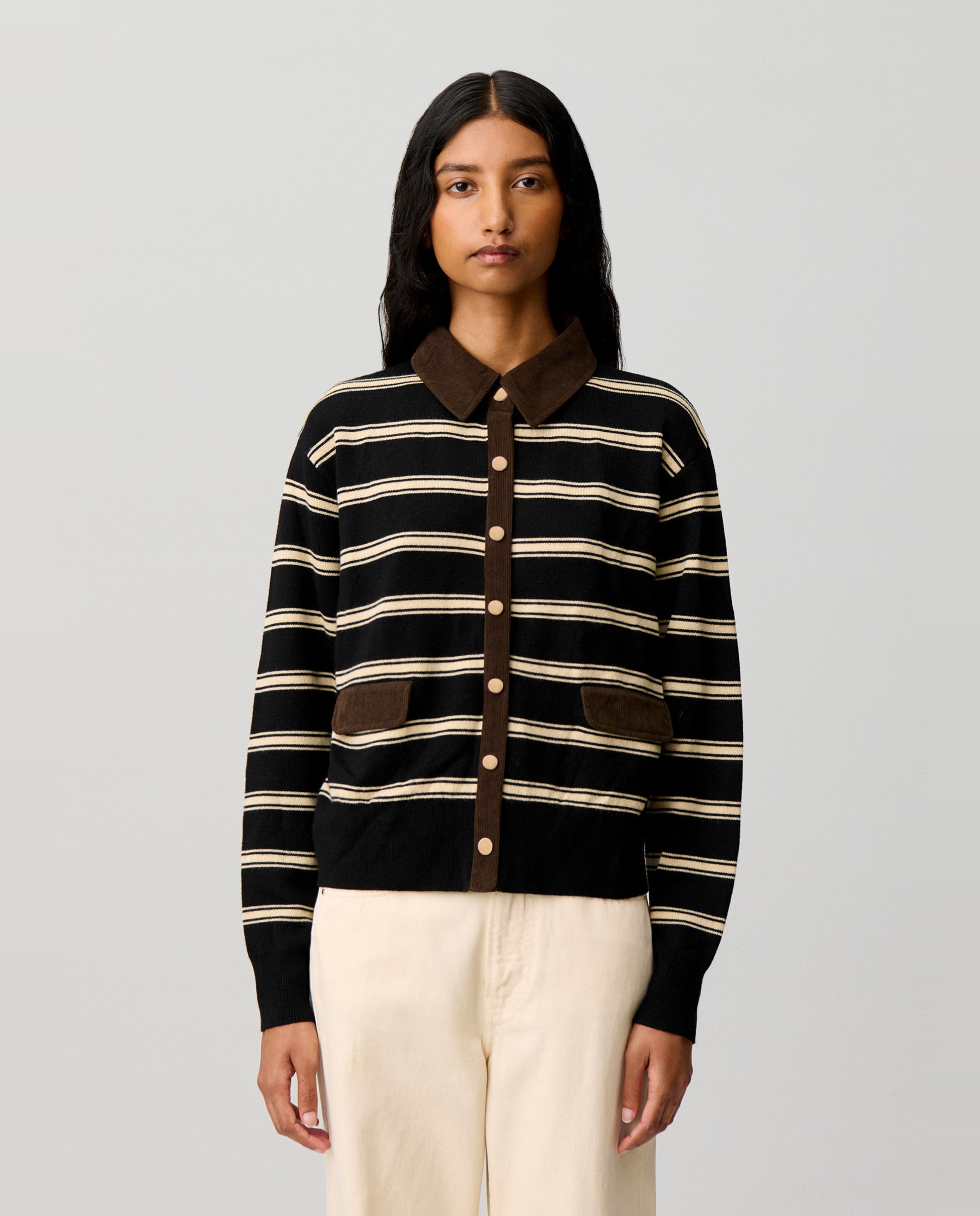 Cárdigan de mujer a rayas, de manga larga y cuello camisero - Claudie Pierlot - Negro Negro-1