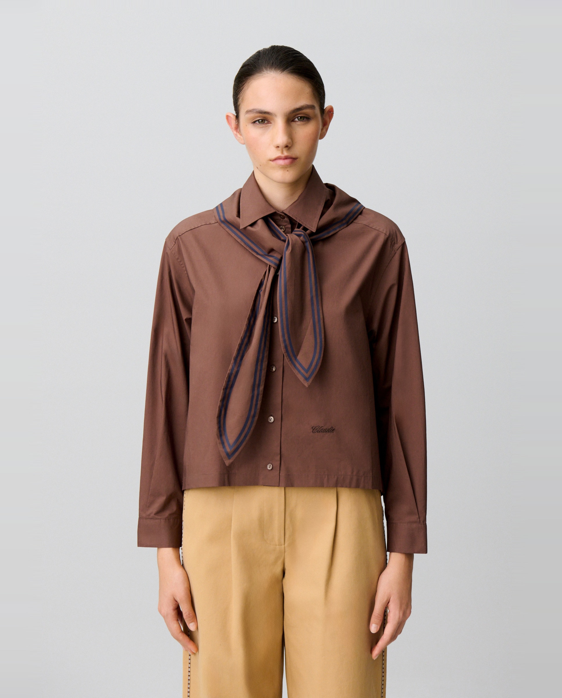 Camisa de mujer de popelín de algodón de manga larga holgada con pañuelo marinero - Claudie Pierlot - Marrón Marrón-1
