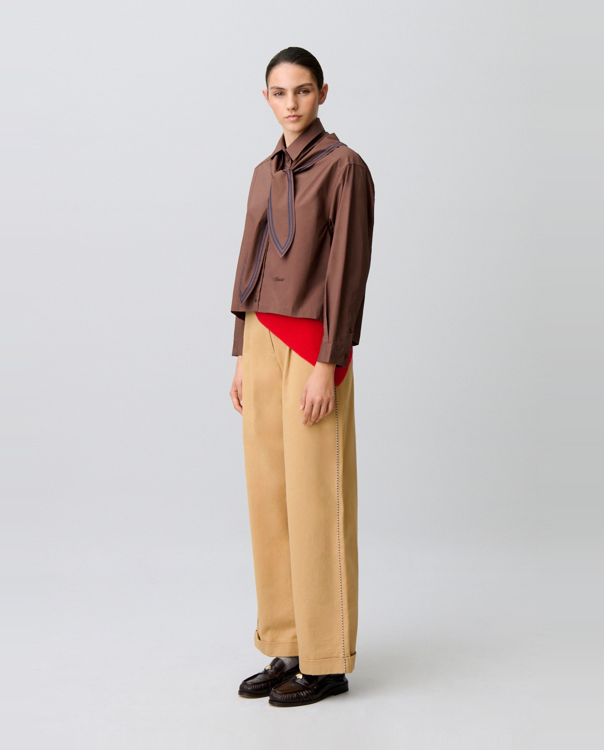 Camisa de mujer de popelín de algodón de manga larga holgada con pañuelo marinero - Claudie Pierlot - Marrón Marrón-3