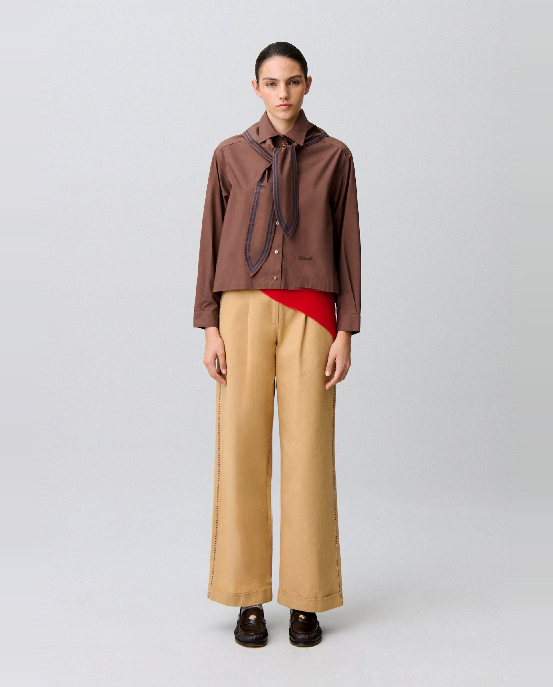 Camisa de mujer de popelín de algodón de manga larga holgada con pañuelo marinero - Claudie Pierlot - Marrón Marrón-4