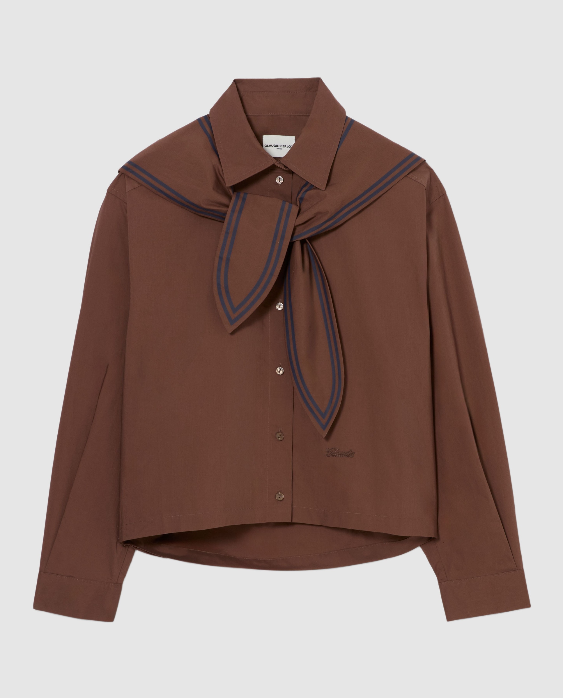 Camisa de mujer de popelín de algodón de manga larga holgada con pañuelo marinero - Claudie Pierlot - Marrón Marrón-6