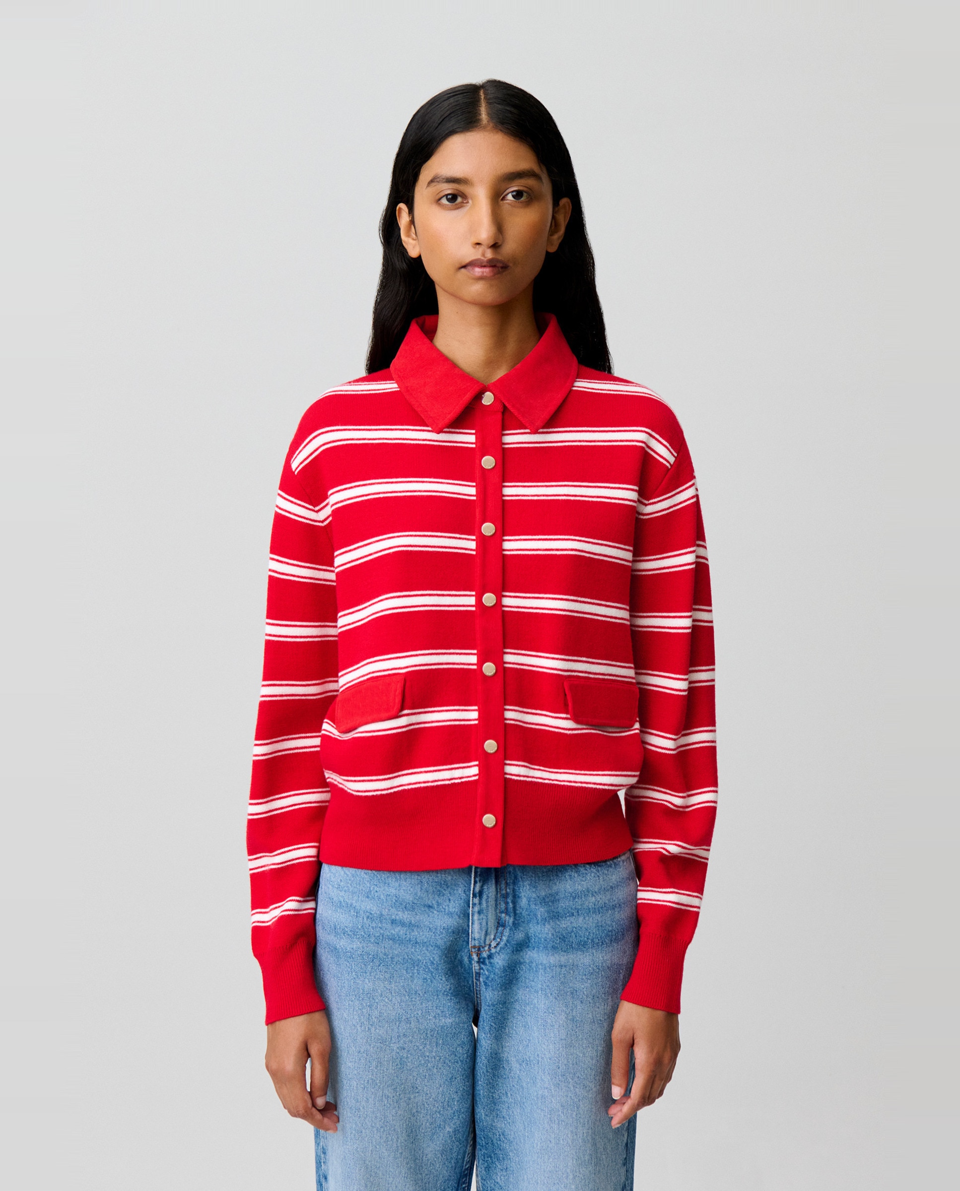 Cárdigan de mujer a rayas, de manga larga y cuello camisero - Claudie Pierlot - Rojo Rojo-1