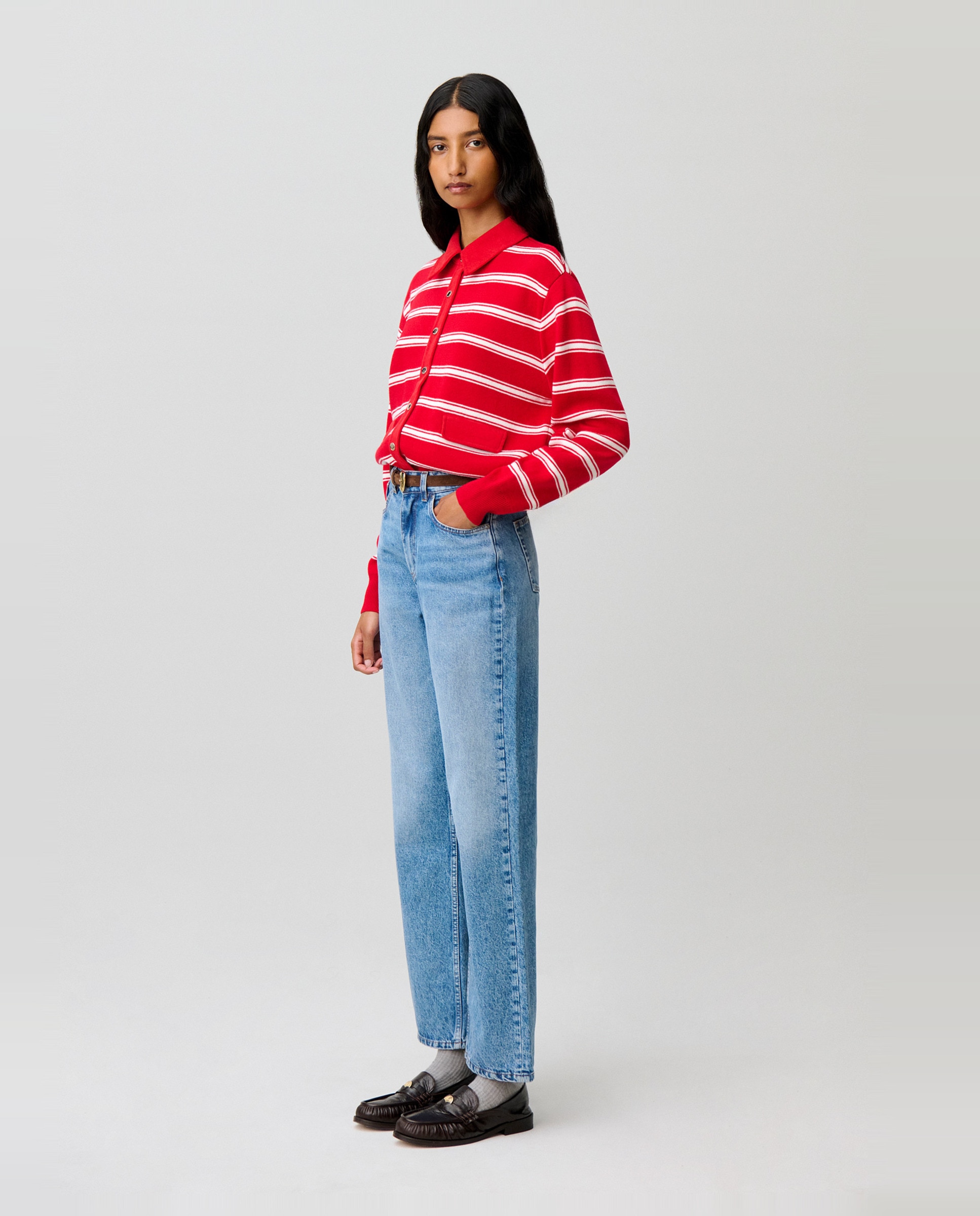 Cárdigan de mujer a rayas, de manga larga y cuello camisero - Claudie Pierlot - Rojo Rojo-3