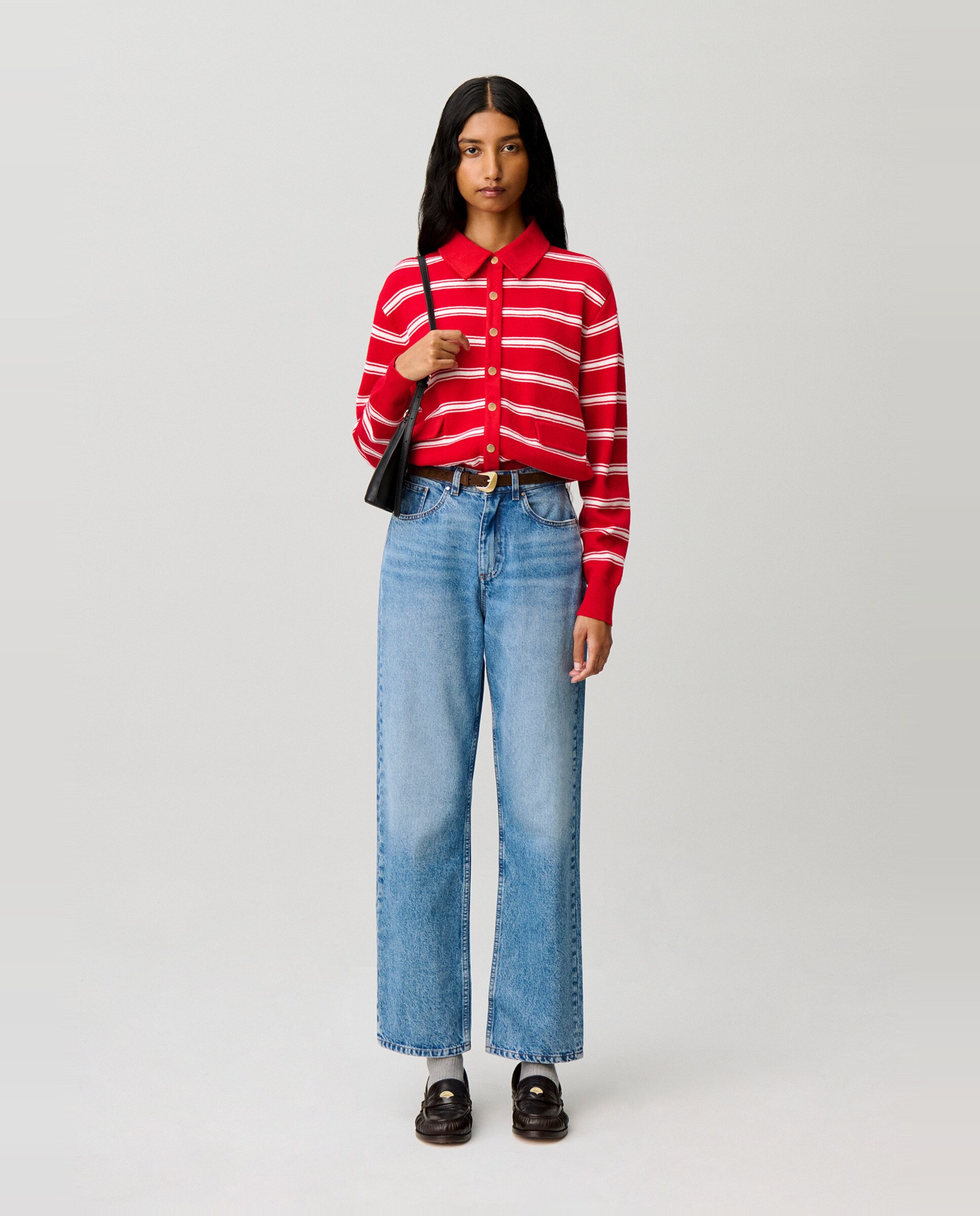 Cárdigan de mujer a rayas, de manga larga y cuello camisero - Claudie Pierlot - Rojo Rojo-4