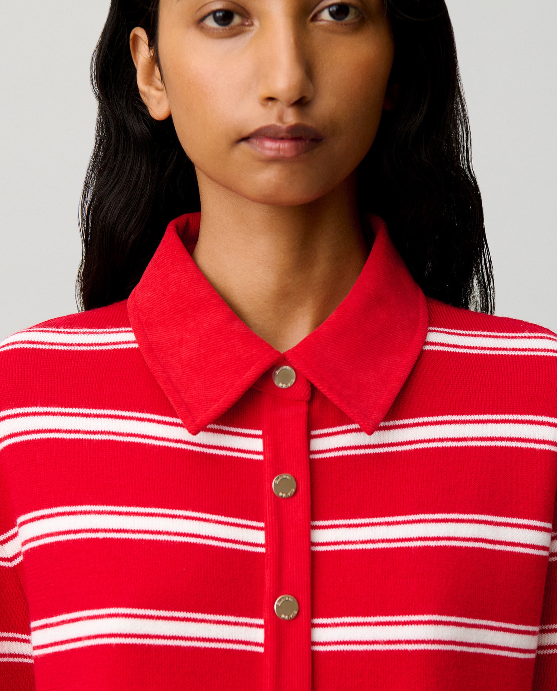 Cárdigan de mujer a rayas, de manga larga y cuello camisero - Claudie Pierlot - Rojo Rojo-5