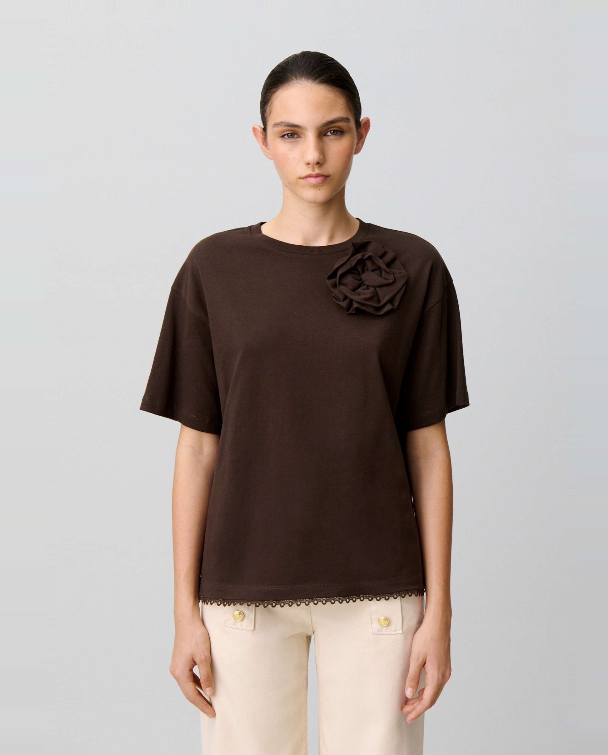 Camiseta de punto fino de mujer con flor en el hombro - Claudie Pierlot - Marrón Marrón-1
