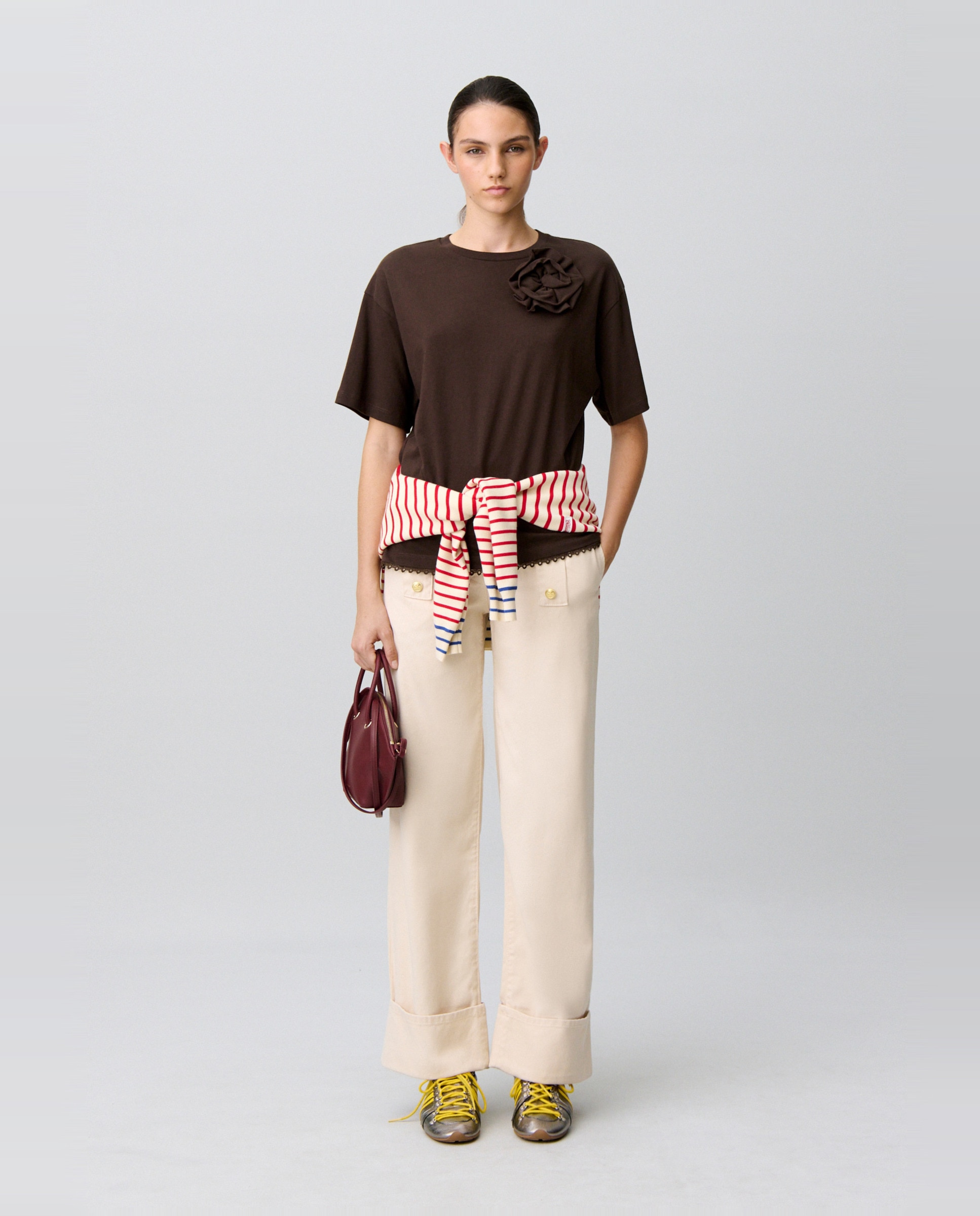 Camiseta de punto fino de mujer con flor en el hombro - Claudie Pierlot - Marrón Marrón-4