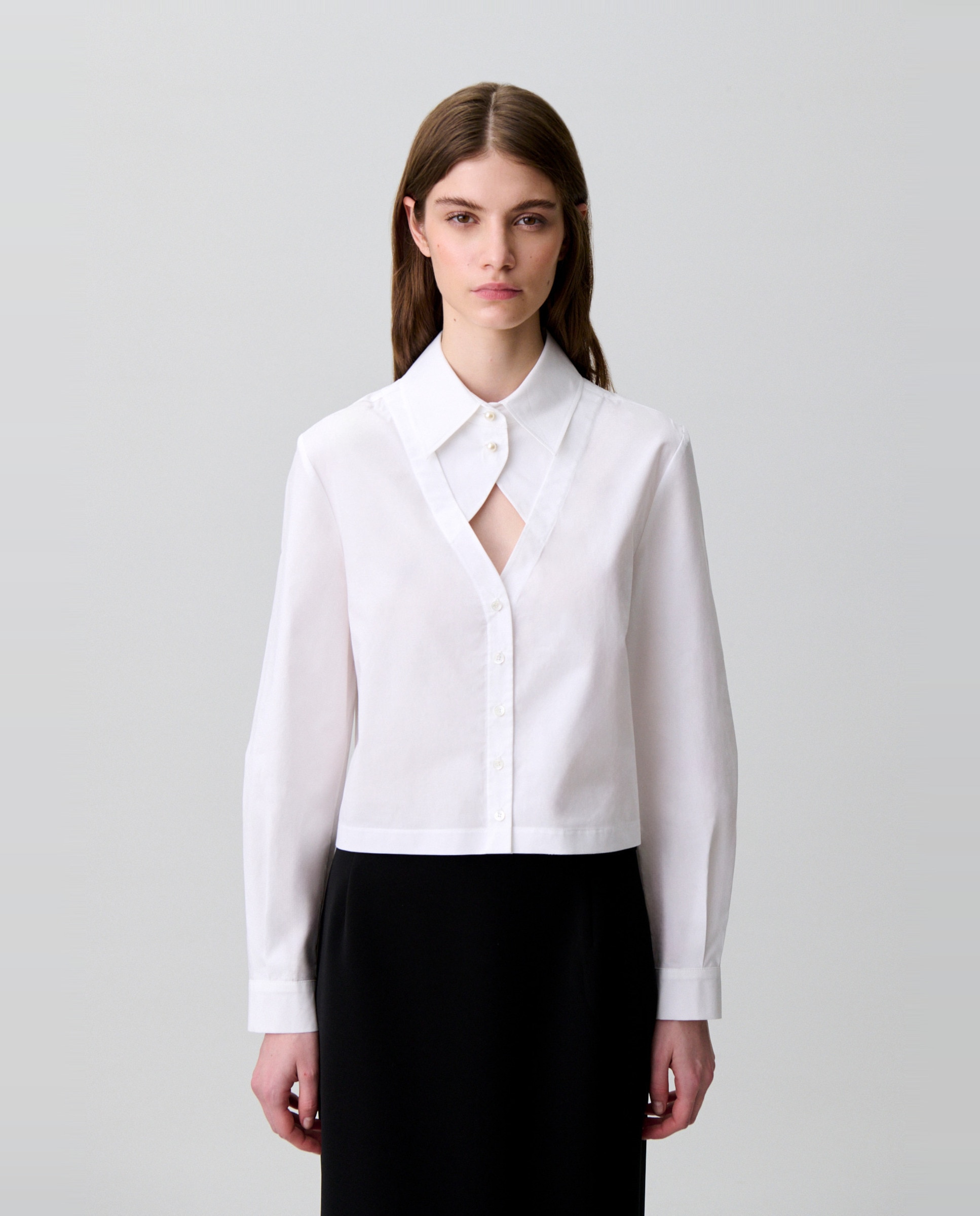 Camisa de mujer de popelín 100% algodón de manga larga con cuello camisero de falso v - Claudie Pierlot - Blanco Blanco-1