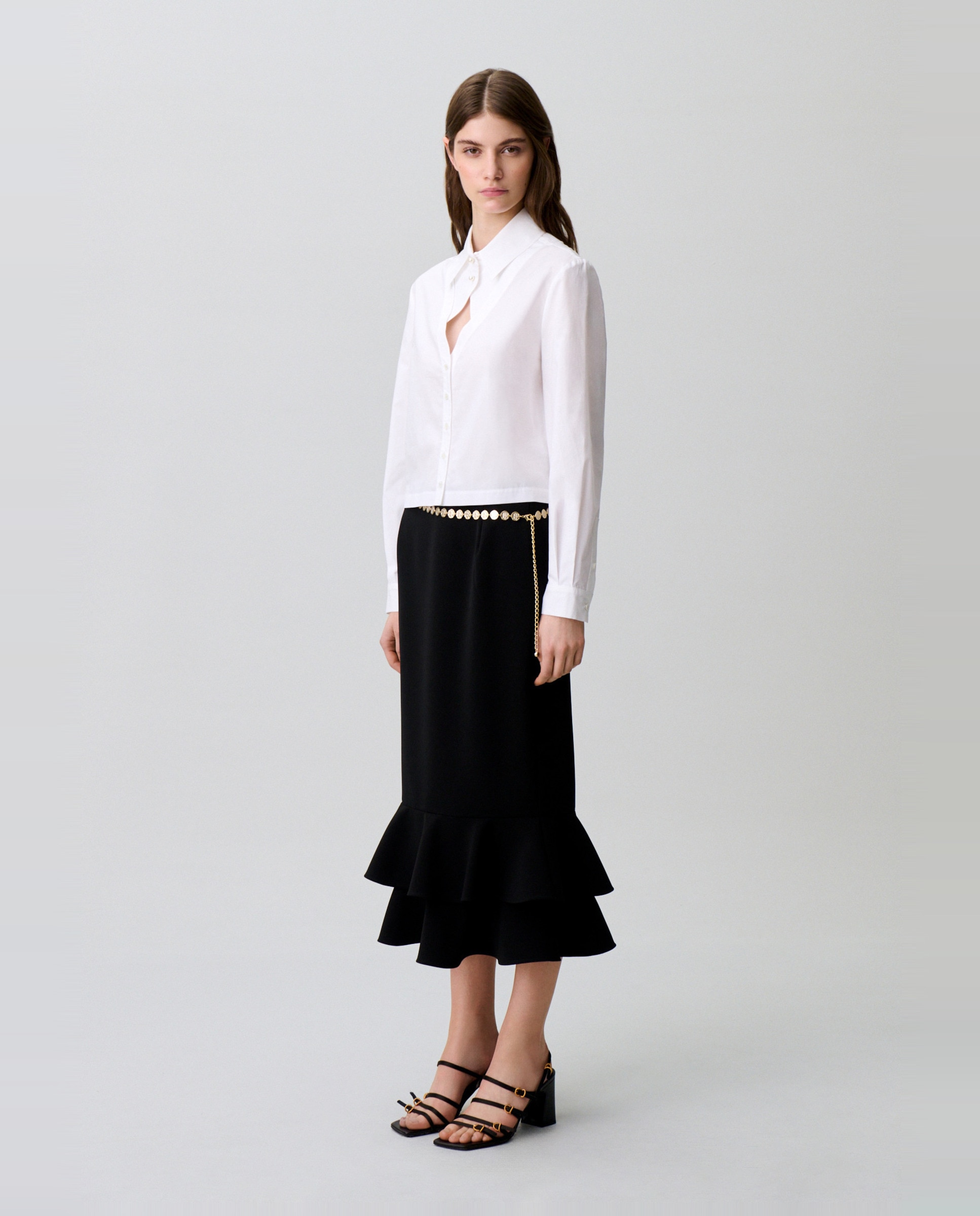 Camisa de mujer de popelín 100% algodón de manga larga con cuello camisero de falso v - Claudie Pierlot - Blanco Blanco-3