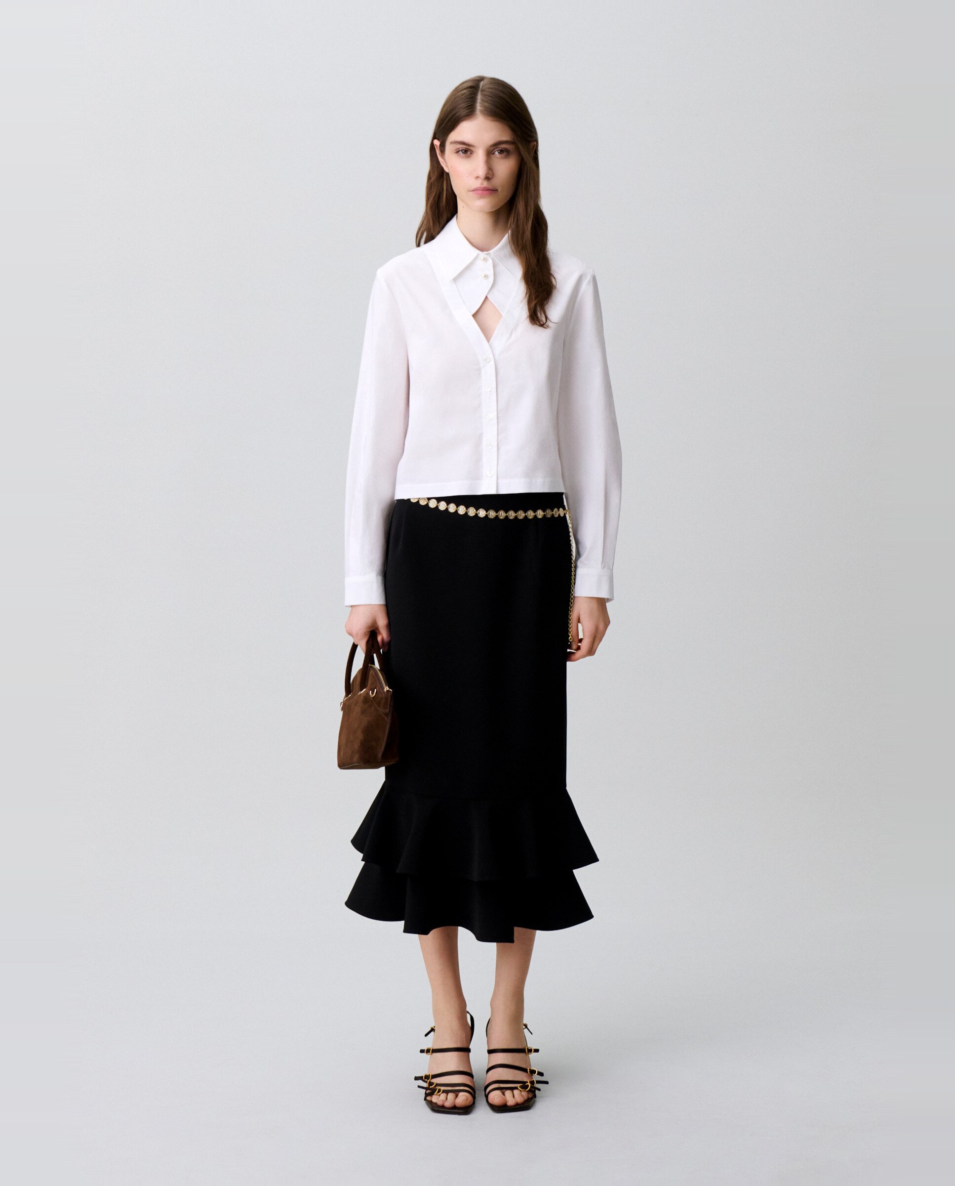 Camisa de mujer de popelín 100% algodón de manga larga con cuello camisero de falso v - Claudie Pierlot - Blanco Blanco-4