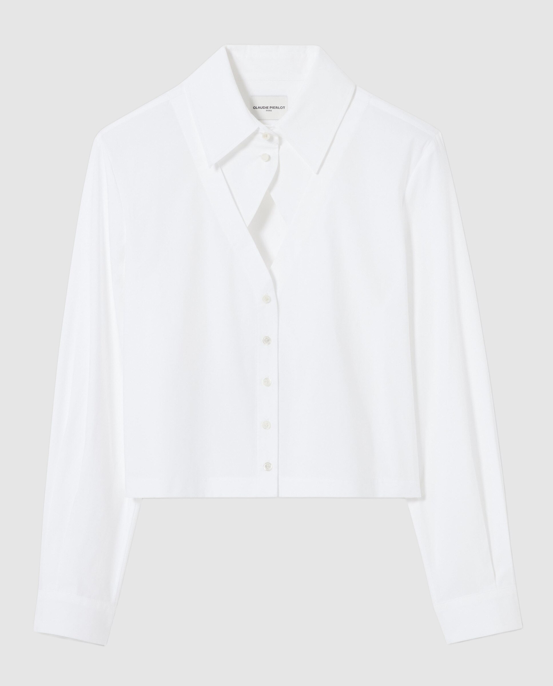 Camisa de mujer de popelín 100% algodón de manga larga con cuello camisero de falso v - Claudie Pierlot - Blanco Blanco-6