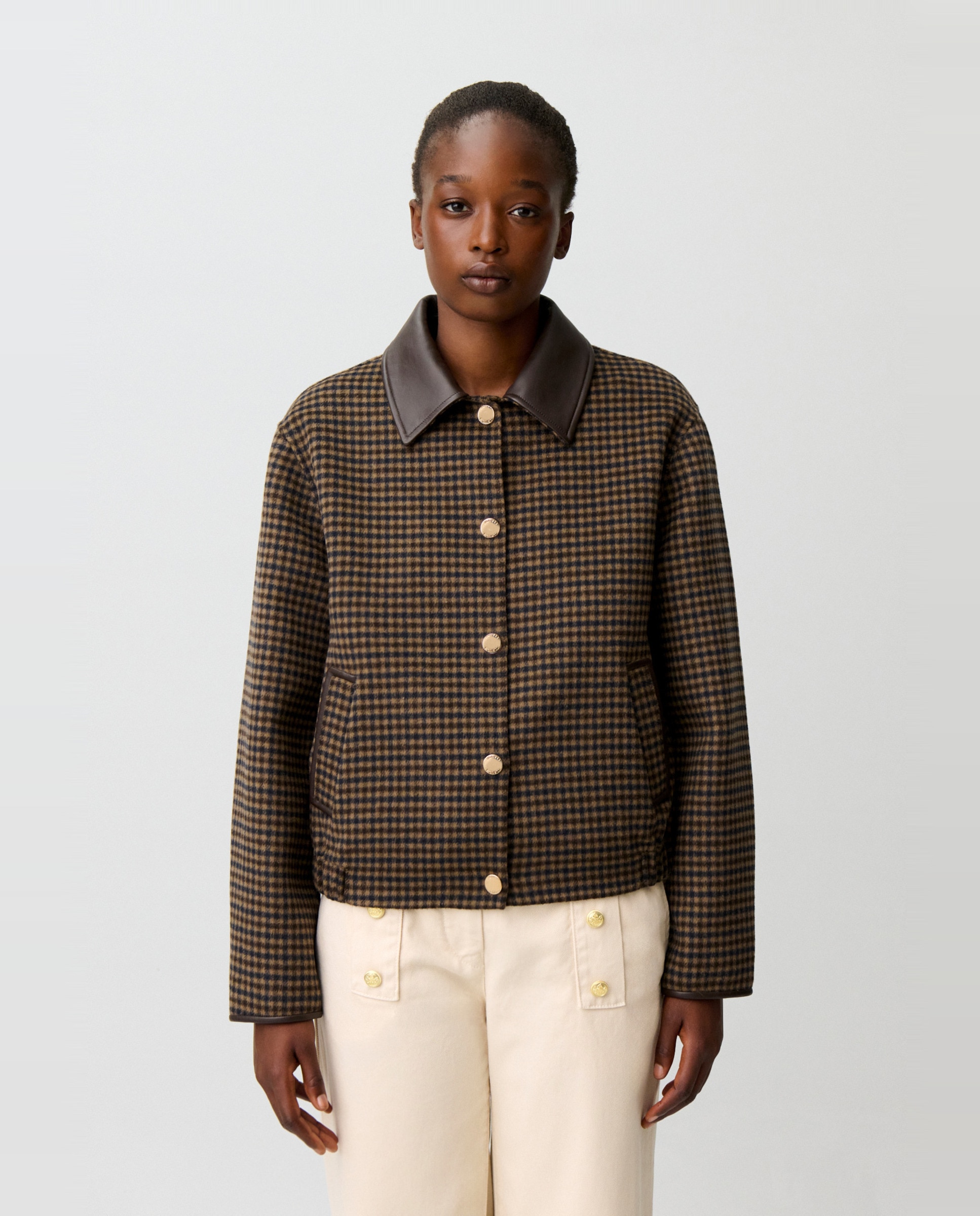 Abrigo de mujer corto de punto con cuello de cuero - Claudie Pierlot - Multicolor Multicolor-1