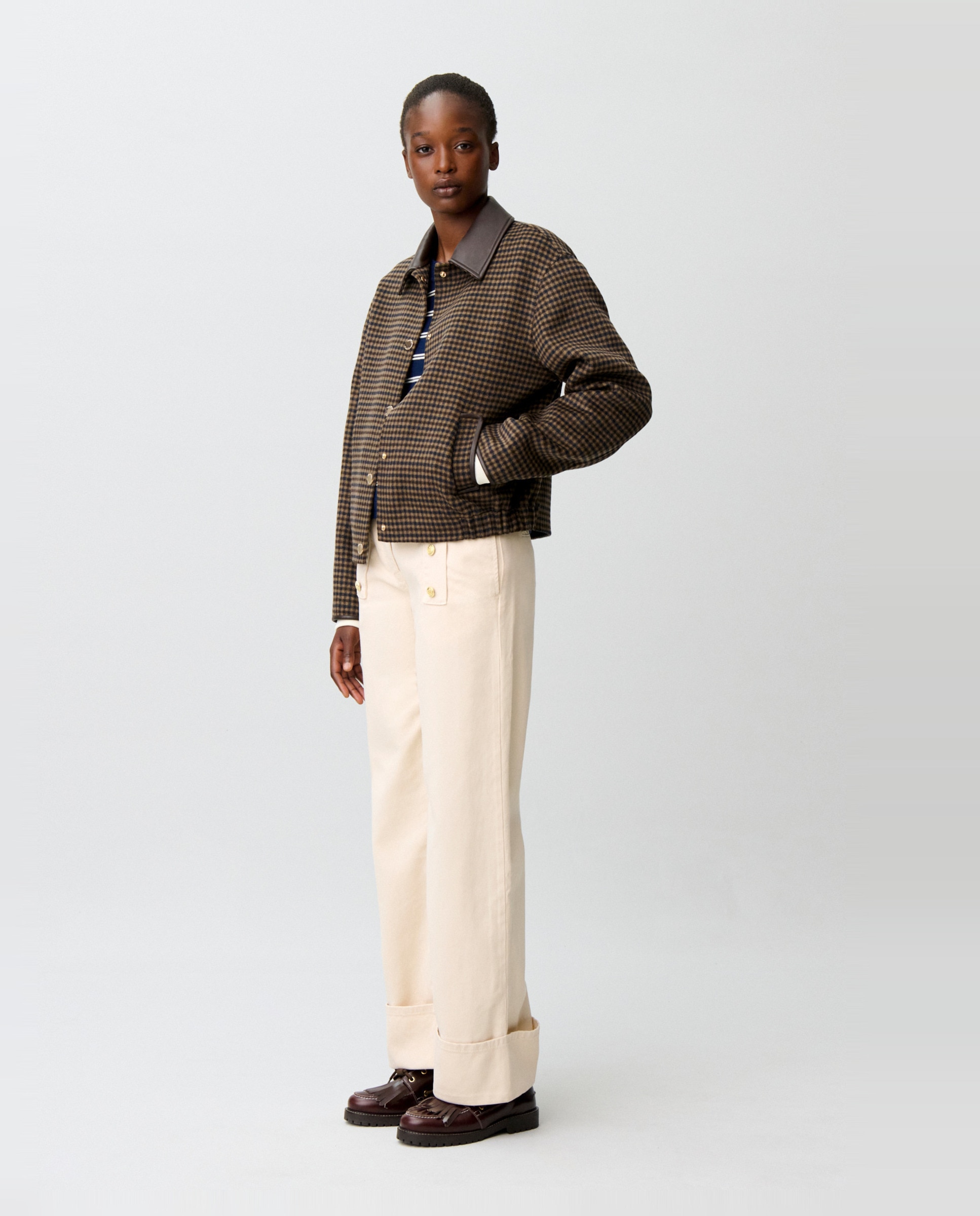 Abrigo de mujer corto de punto con cuello de cuero - Claudie Pierlot - Multicolor Multicolor-3