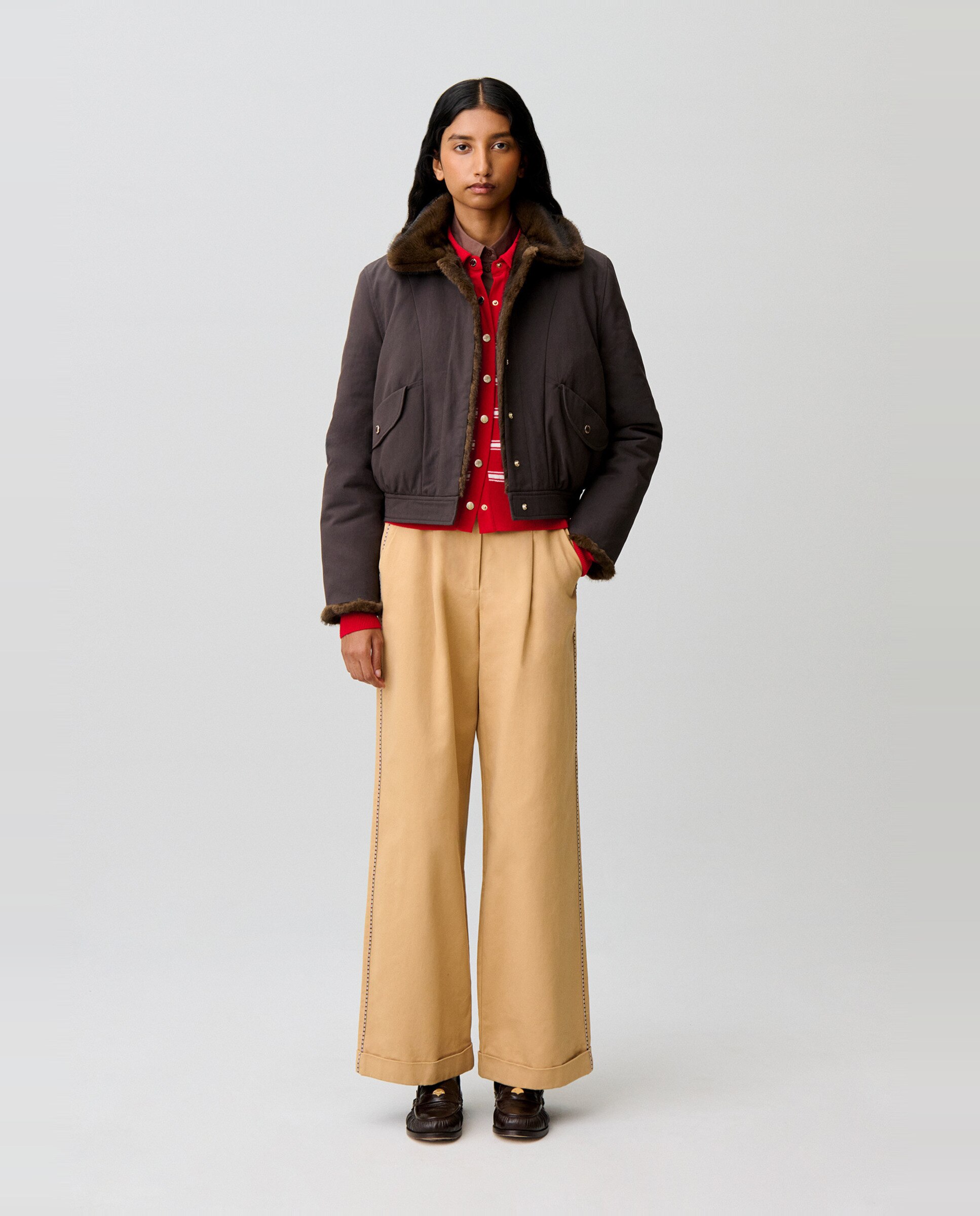 Parka de mujer corta reversible de nailon repelente al agua y pelo sintético - Claudie Pierlot - Marrón Marrón-5