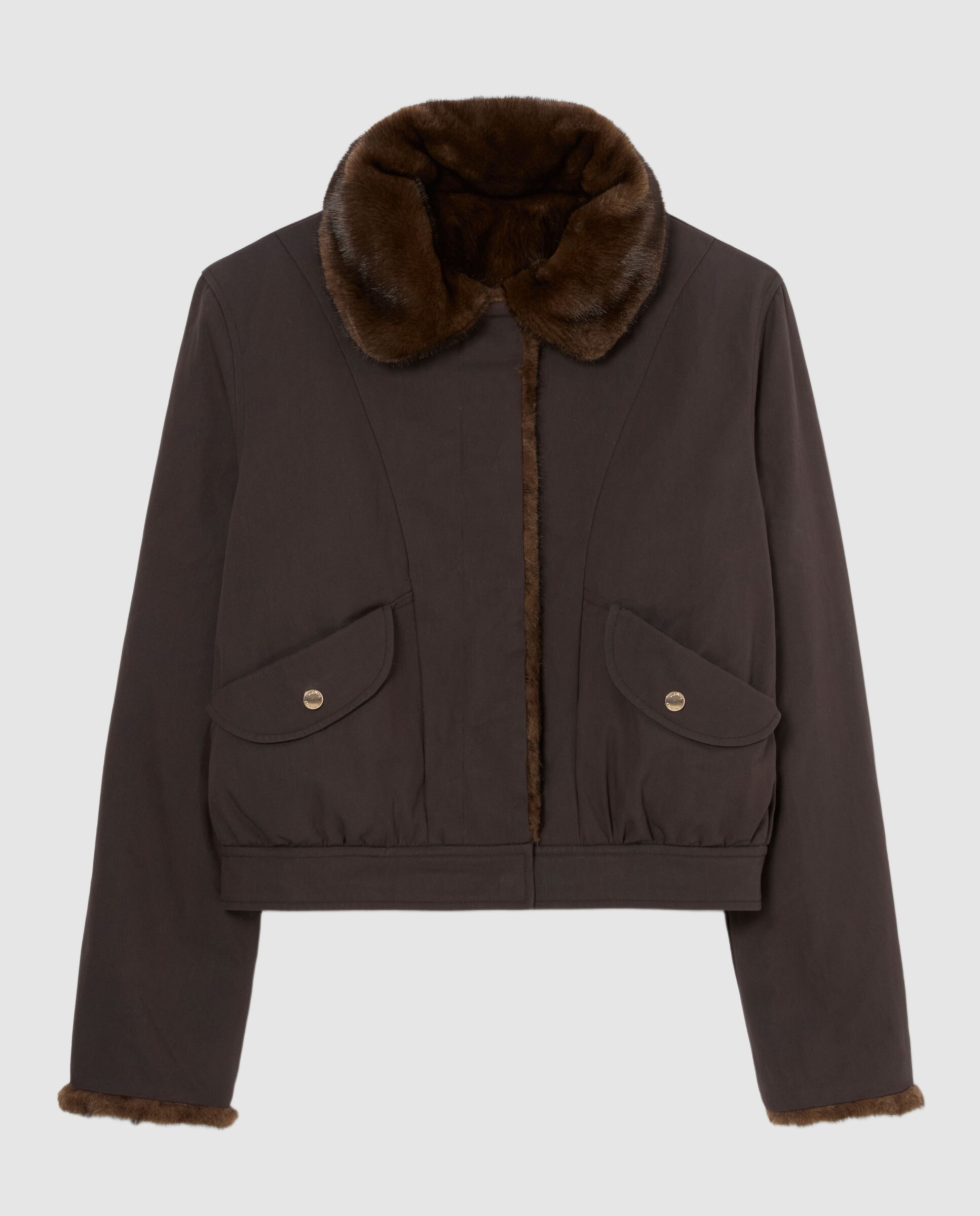 Parka de mujer corta reversible de nailon repelente al agua y pelo sintético - Claudie Pierlot - Marrón Marrón-8