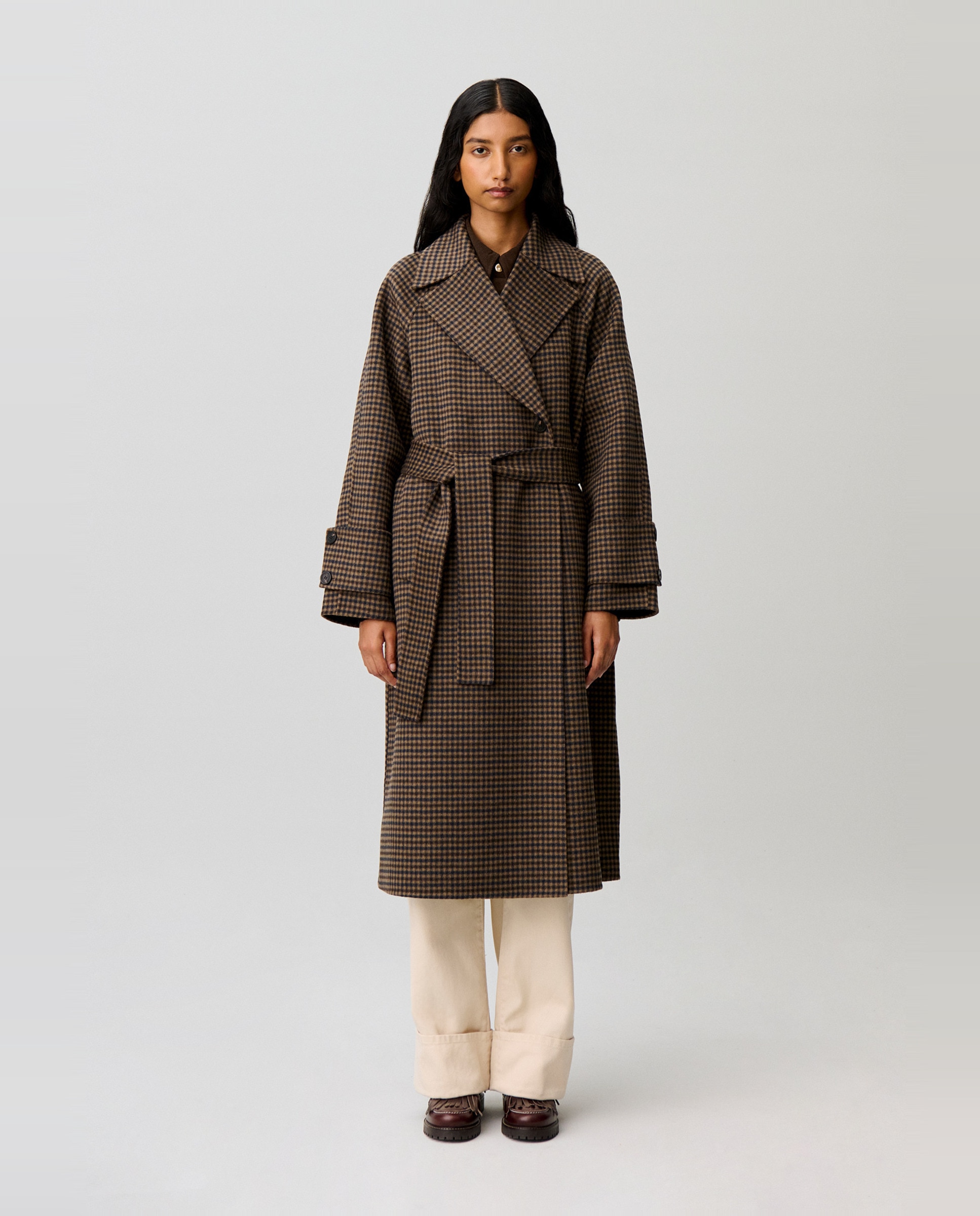 Abrigo de paño de mujer midi de cuadros con cinturón y lana - Claudie Pierlot - Multicolor Multicolor-1