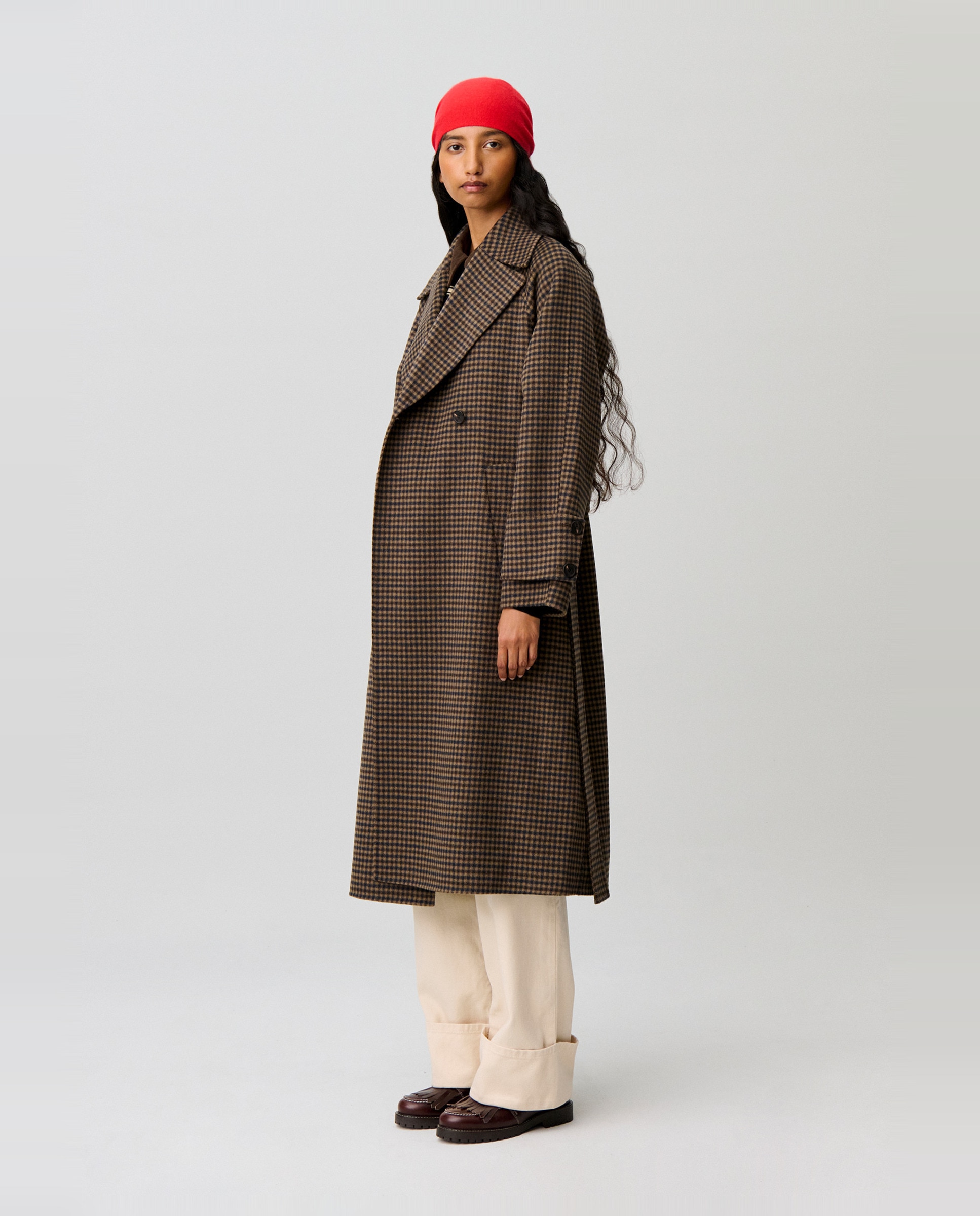 Abrigo de paño de mujer midi de cuadros con cinturón y lana - Claudie Pierlot - Multicolor Multicolor-2