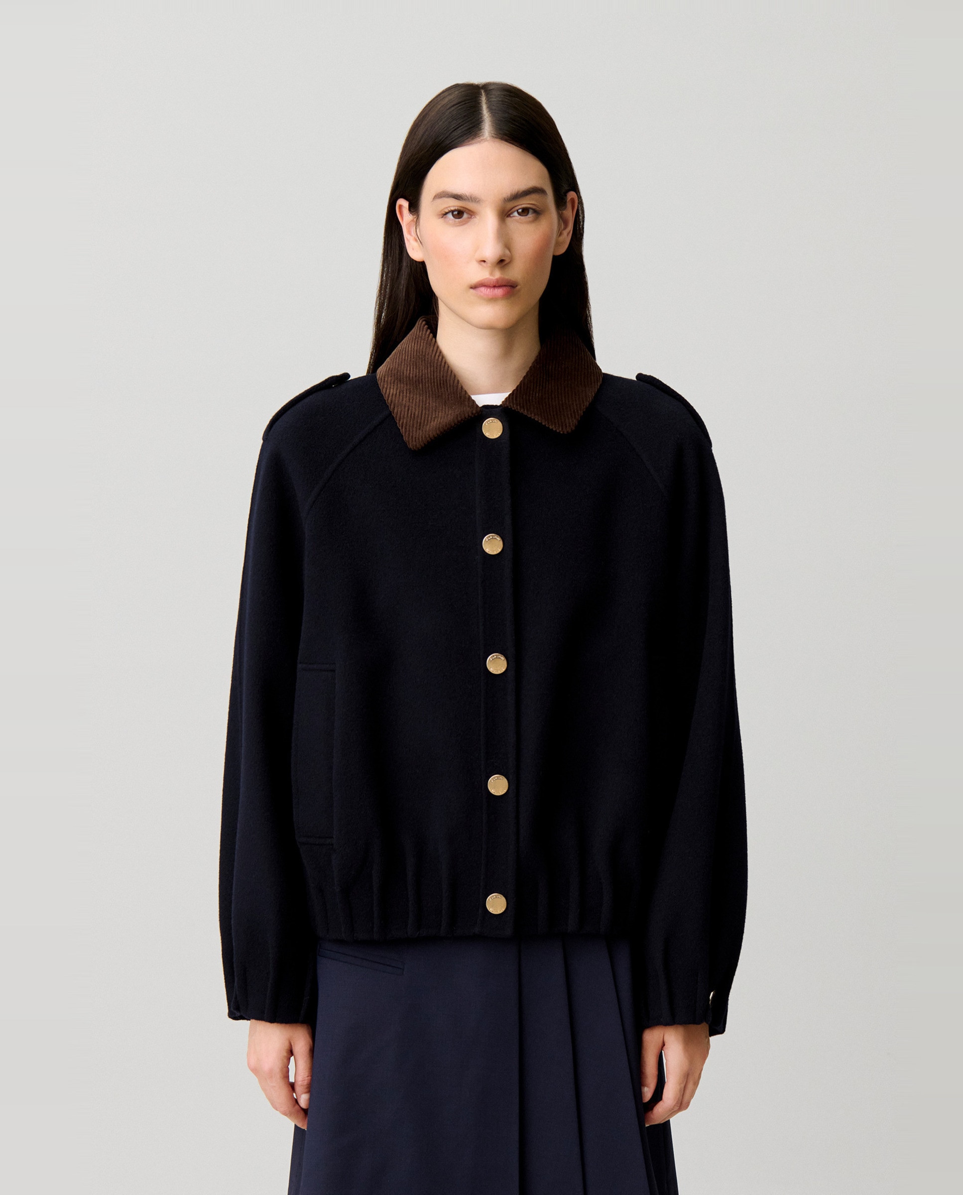 Cazadora de punto de mujer ancha con botones a presión dorados - Claudie Pierlot - Azul marino Azul marino-1