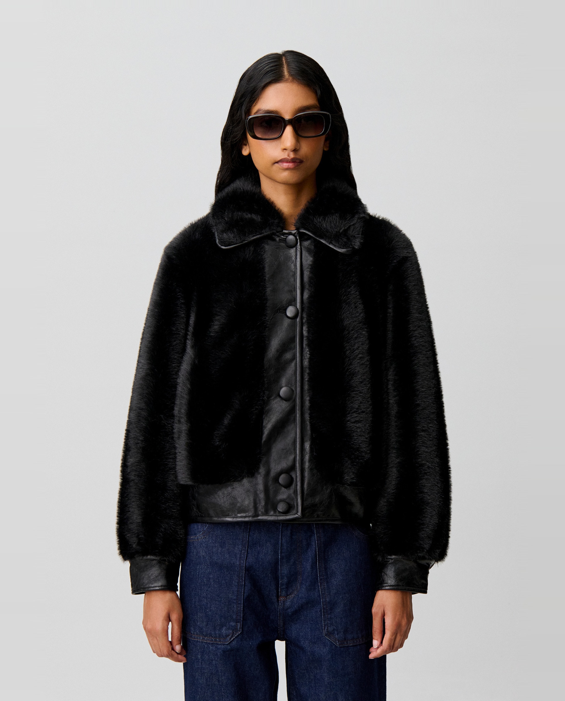 Cazadora de mujer corta con pelo sintético y cuello camisero - Claudie Pierlot - Negro Negro-1
