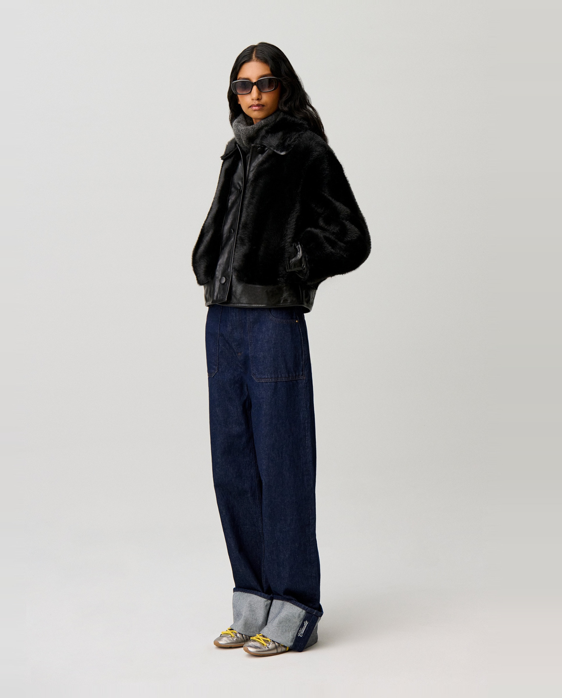 Cazadora de mujer corta con pelo sintético y cuello camisero - Claudie Pierlot - Negro Negro-3
