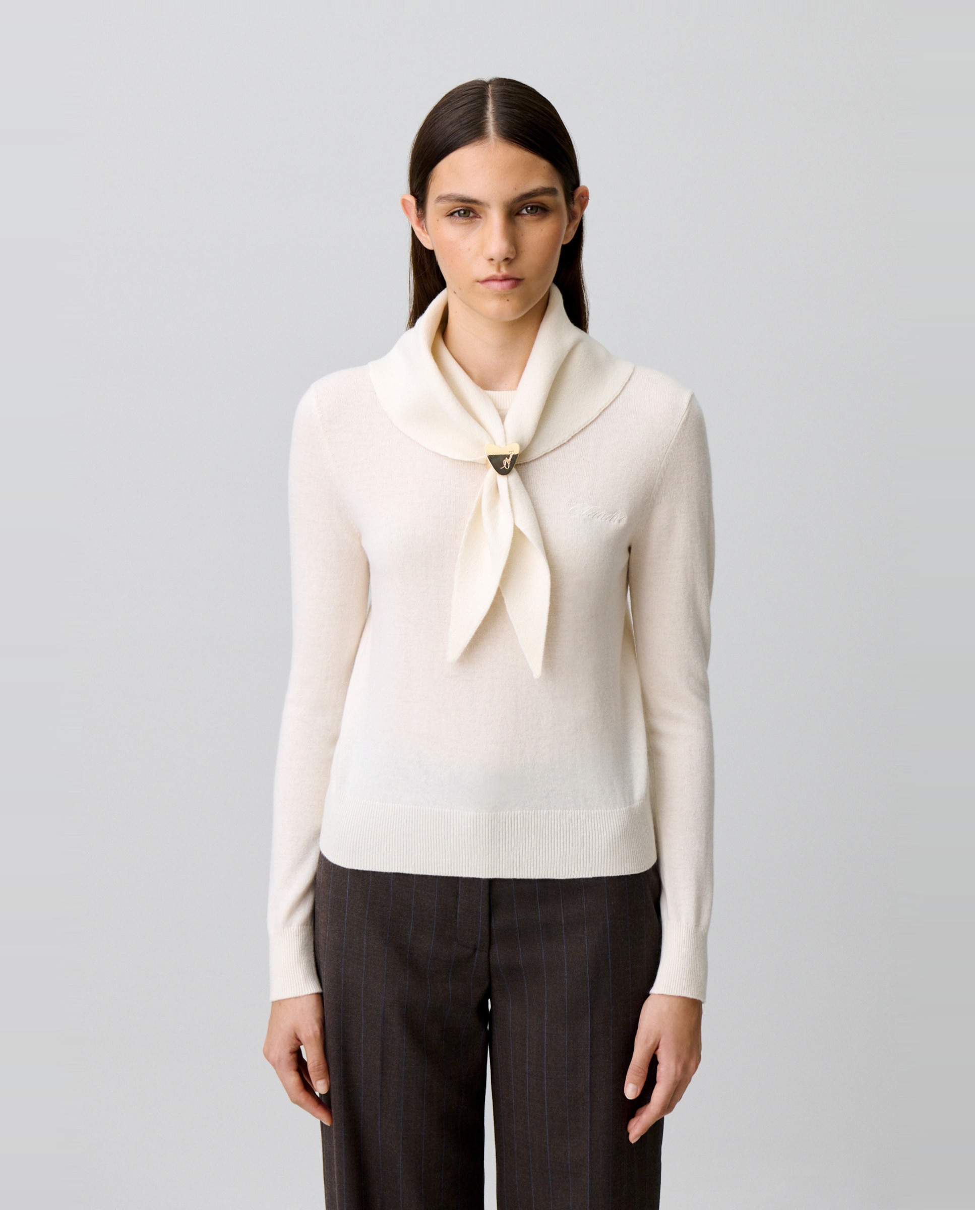 Jersey de punto de mujer con fular y joya extraíbles - Claudie Pierlot - Blanco Blanco-1