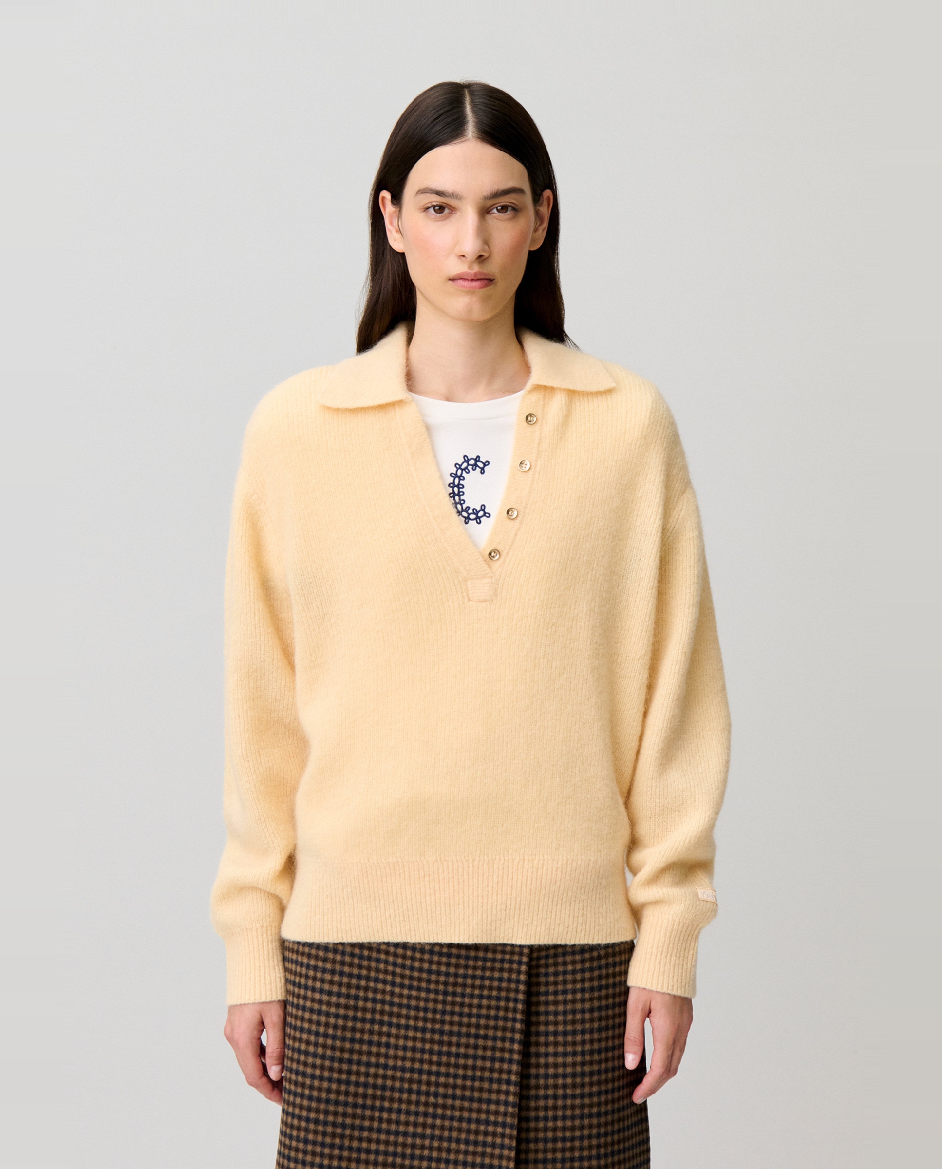 Jersey de punto de mujer de pelo con cuello camisero - Claudie Pierlot - Amarillo Amarillo-1