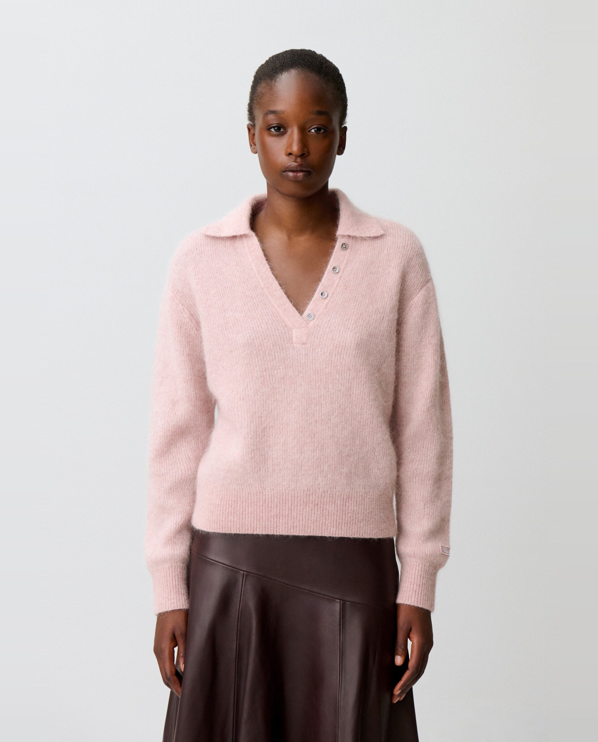 Jersey de punto de mujer de pelo con cuello camisero - Claudie Pierlot - Rosa Rosa-1