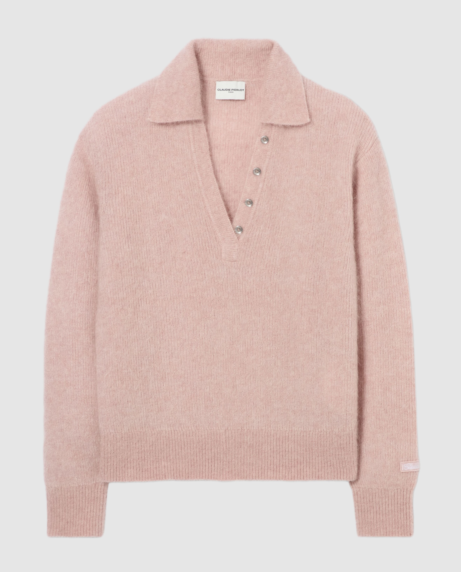 Jersey de punto de mujer de pelo con cuello camisero - Claudie Pierlot - Rosa Rosa-5