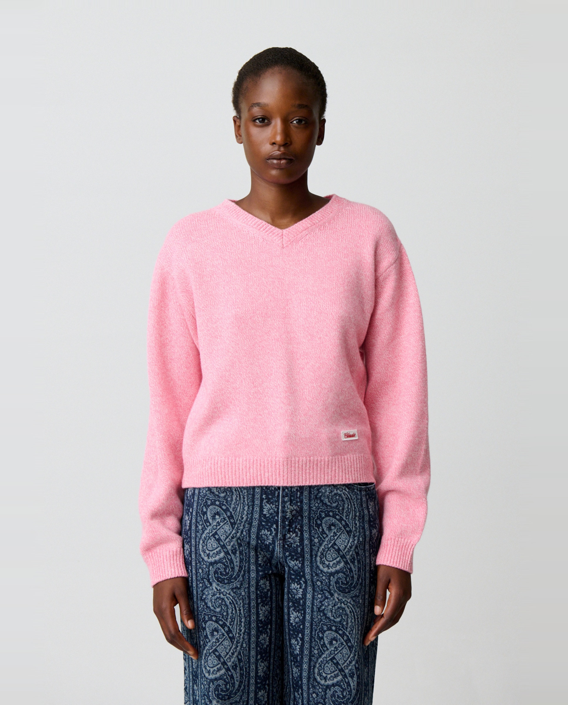 Jersey de mujer mouliné con escote v y cuello camisero desmontable - Claudie Pierlot - Rosa Rosa-1