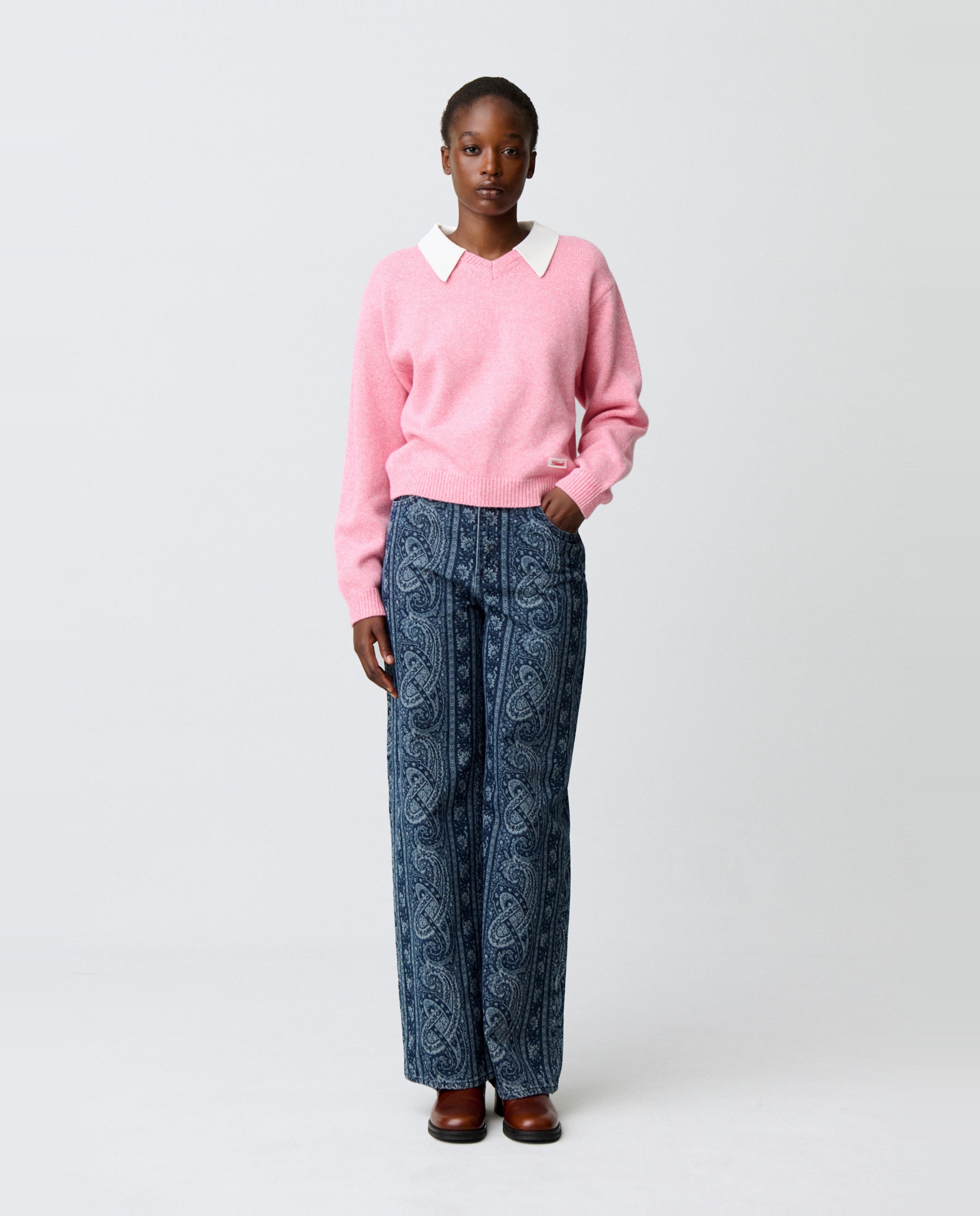 Jersey de mujer mouliné con escote v y cuello camisero desmontable - Claudie Pierlot - Rosa Rosa-3