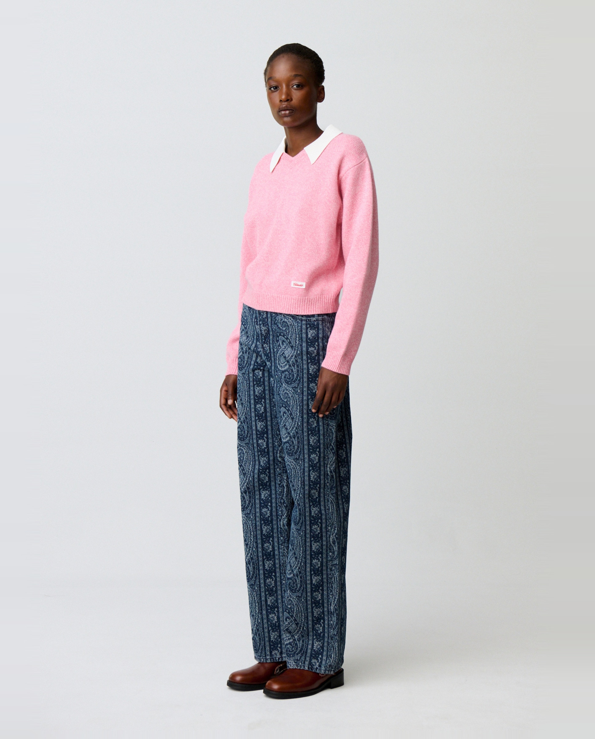 Jersey de mujer mouliné con escote v y cuello camisero desmontable - Claudie Pierlot - Rosa Rosa-4